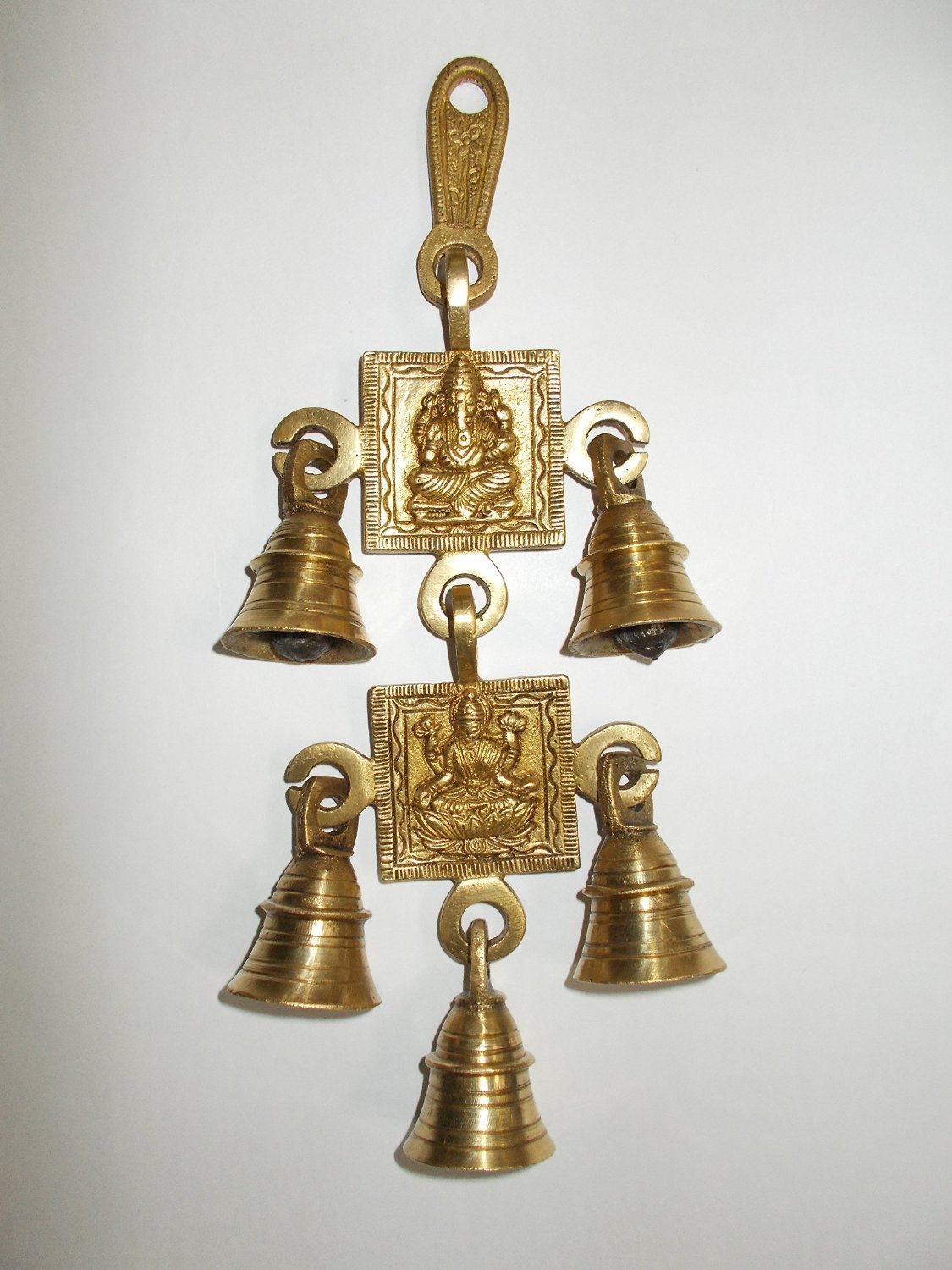 Brass 5 Bells Hanging Hindu God Ganesha And Goddess Laxmi Ji Statue Engraved For Luck Home Temple Use