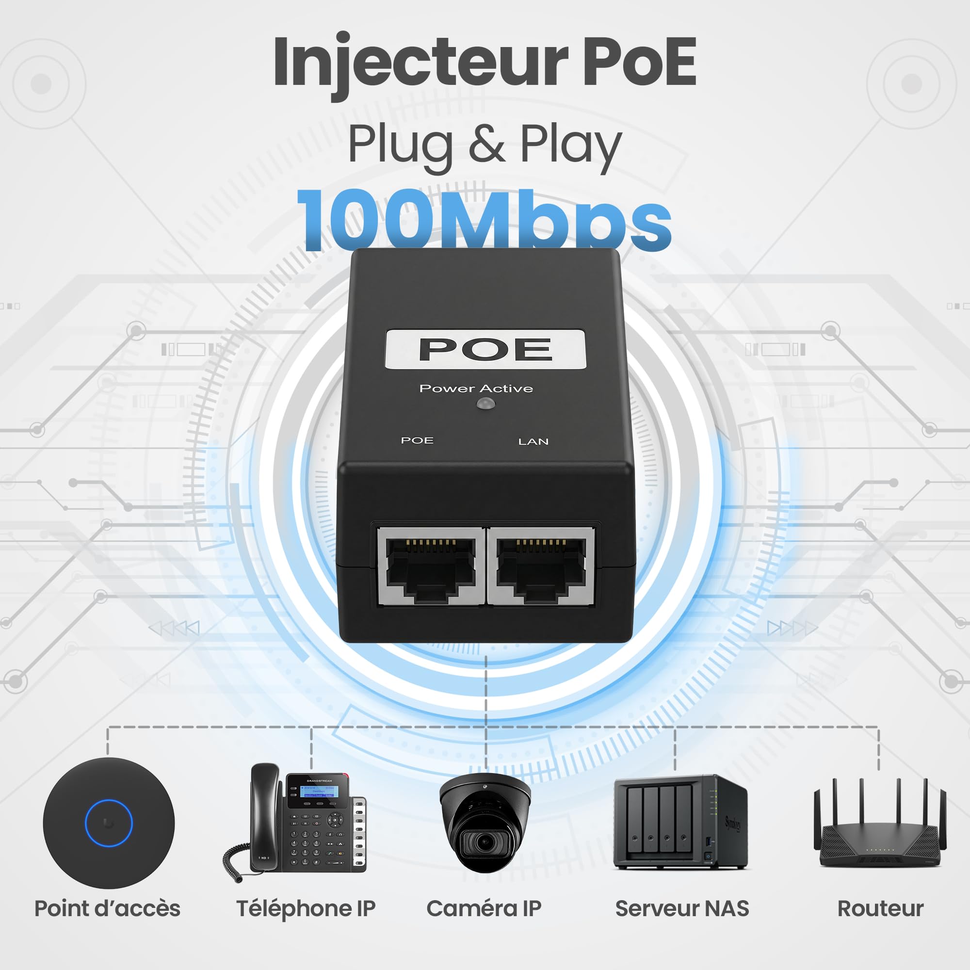 Extralink POE-24-24W G, PoE Injecteur, 24V, 1A, 24W, câble inclus, protection contre les courts-circuits et les surtensions, deux ports RJ-45, adaptateur PoE, PoE Injecteur, passif