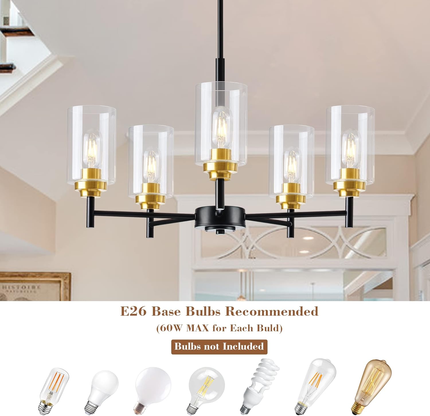 Kitchen Island Lighting - 5 Lights Modern Glass Chandelier for Dining Room, Farmhouse Pendant Light Over Table for Foyer Living Room Bedroom (Black and Gold)