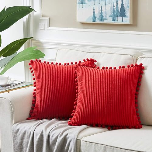 Vista 213 de Fancy Homi - Paquete de 2 fundas decorativas color gris oscuro para cojines, fundas rectangulares de pana suave y con pompones, estilo bohemio