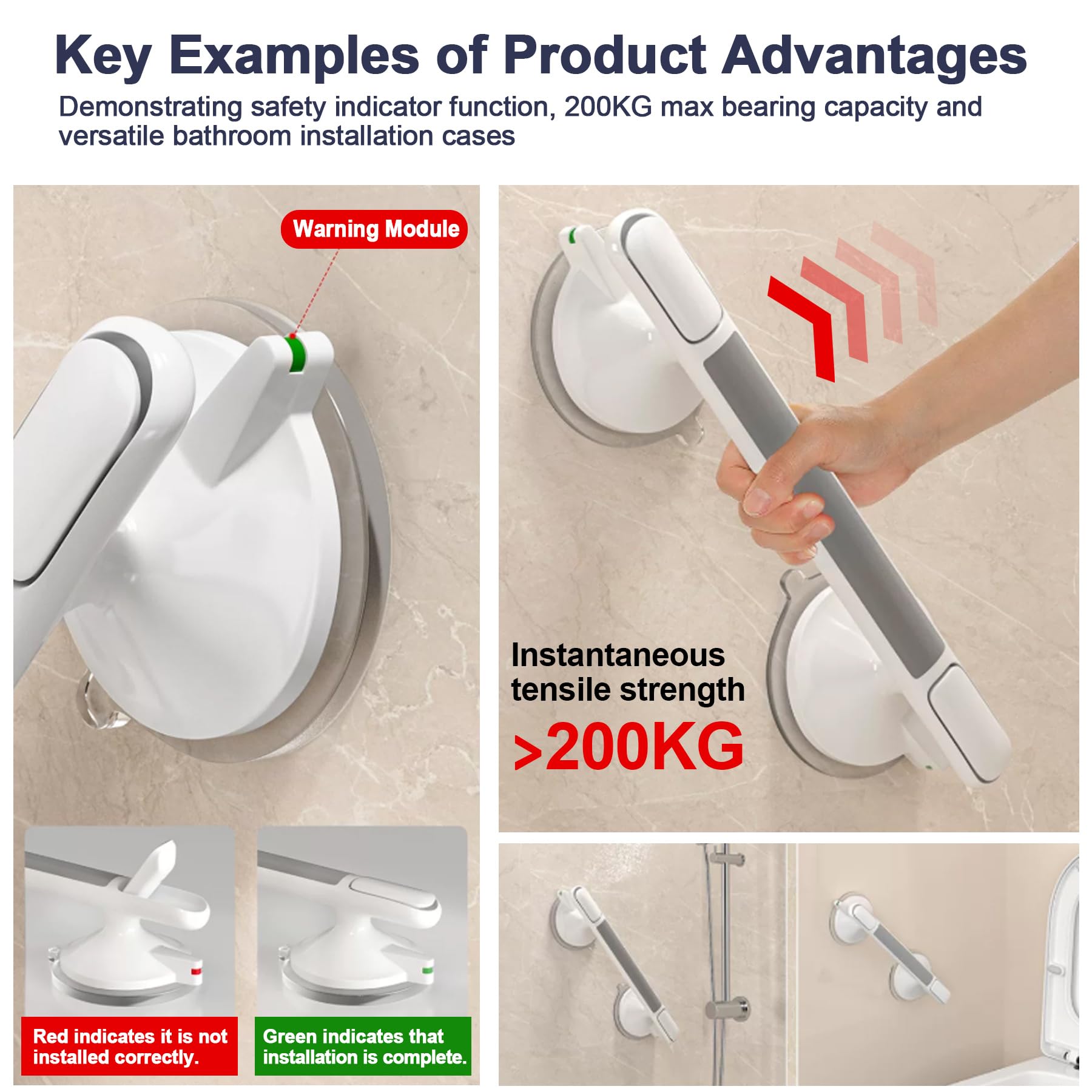 Lot de 2 barres d'appui à ventouse pour douche – Poignée de douche robuste de 33 cm pour la sécurité des personnes âgées – Barre d'équilibre de salle de bain pour personnes âgées handicapées
