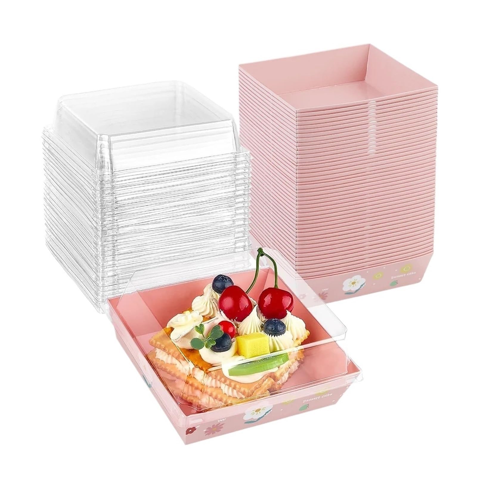 Caja Para Tartas Paquete de 50 cajas papel for embutidos con tapas transparentes, for postres, fresas(11x12x6.2cm)