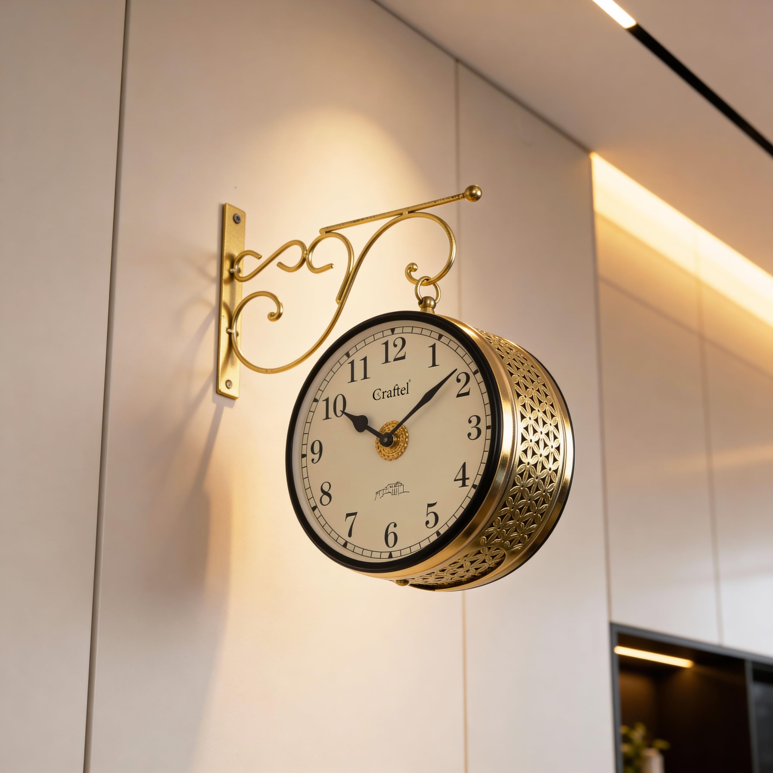 CRAFTEL Double Sided Station Wall Clock Multi-Layer Electroplated | Both Side Numerals | Handcrafted Brass Body Aluminum Dial | Dial - 8 Inches, Shiny Gold | 365 Days Warranty 2