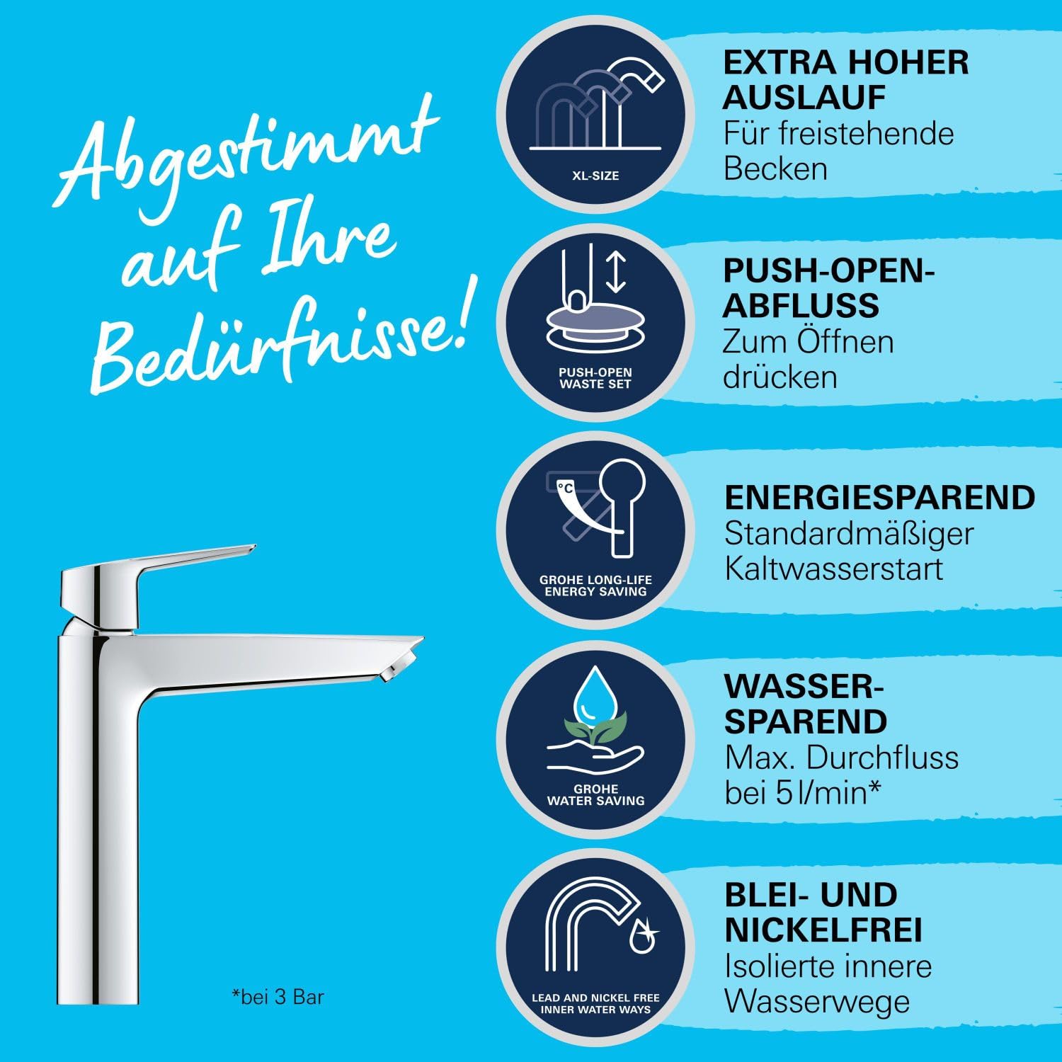 GROHE Start, Waschtischarmatur hoch, wassersparend (Wasserhahn für das Bad, Badarmatur mit Push-Open Ablauf, 26cm hoch, mit 3in1 Werkzeug, einfache Installation), chrom, 24165003