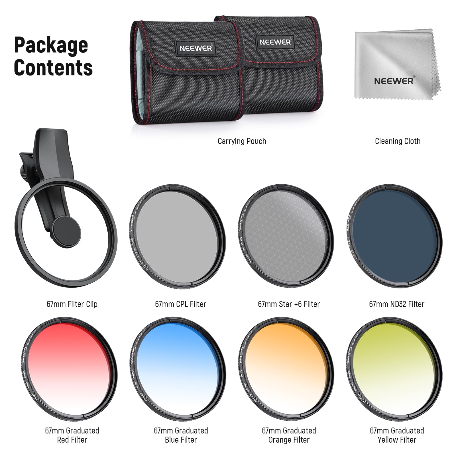 NEEWER Set Filtro ND 67mm 7pz Compatibile con Android Samsung Google Pixel Huawei Xiaomi, CPL+ ND32 + Starlight +GND (Rosso/Arancione/Giallo/Blu), Kit Accessori Fotografia per Lente Fotocamera, FL-P11