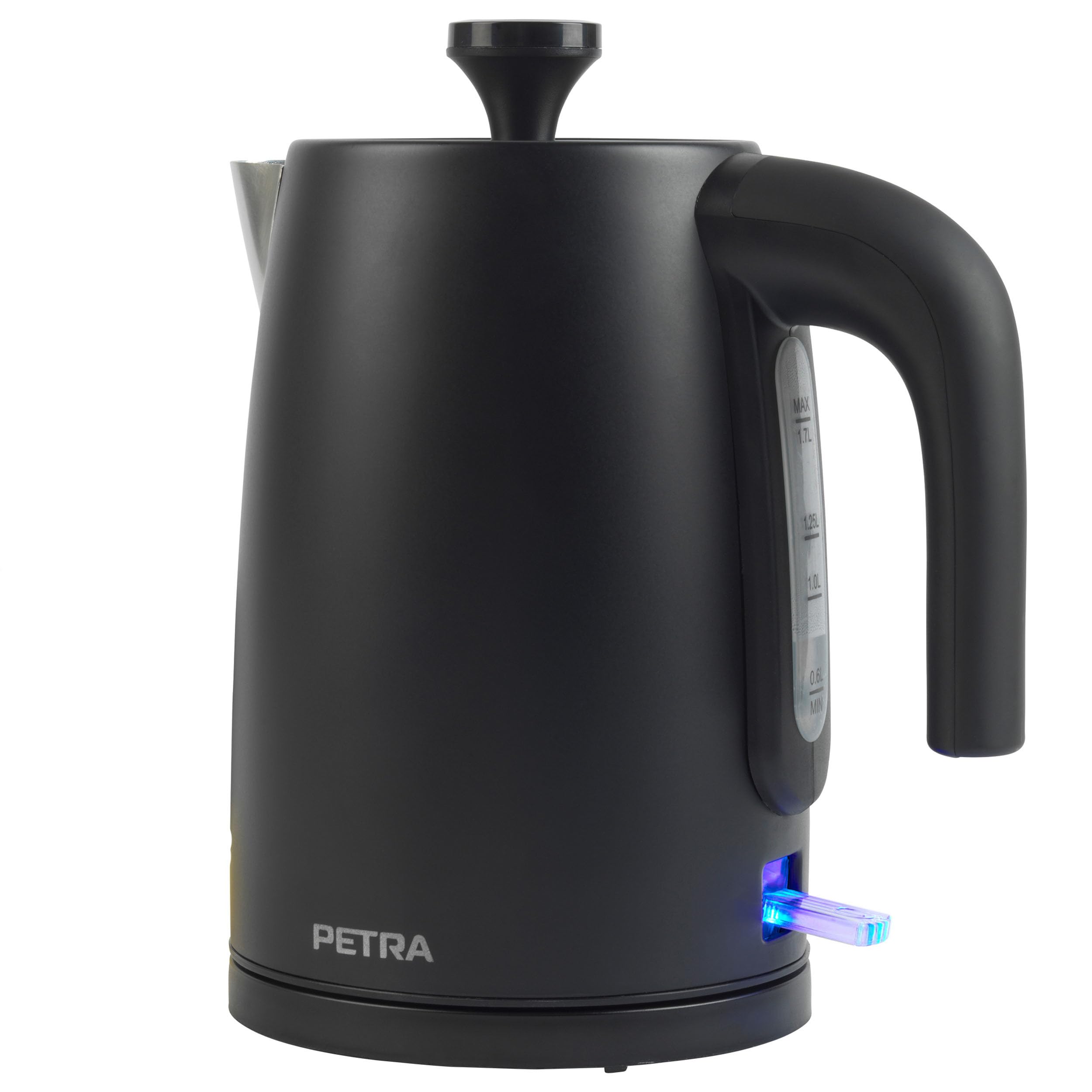 Petra PT5632MBLKVDE Bouilloire 1.7L électrique - ébullition rapide, sans BPA, base pivotante 360°, indicateur de niveau d'eau, filtre anticalcaire, capteur d'ébullition à sec, arrêt automatique, 3000W