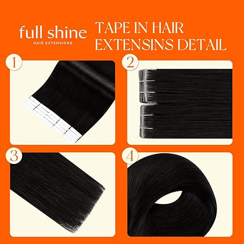 Miniatura 3 de Full Shine Extensiones de cabello Remy con cinta adhesiva de 14 pulgadas, color 1 negro, extensiones de cabello humano brasileño inyectado