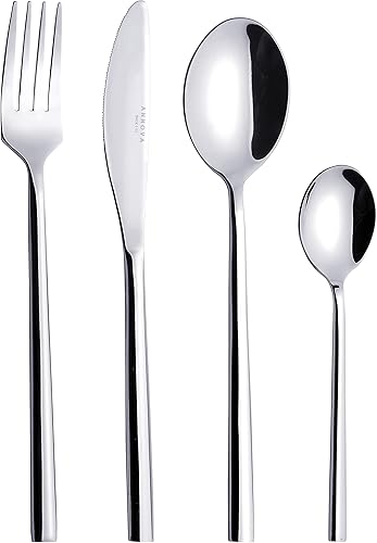 Annova Juego de 24 cubiertos de acero inoxidable forjado de alta calidad, 6 tenedores, 6 cuchillos, 6 cucharas de cena, 6 cucharas de postre,