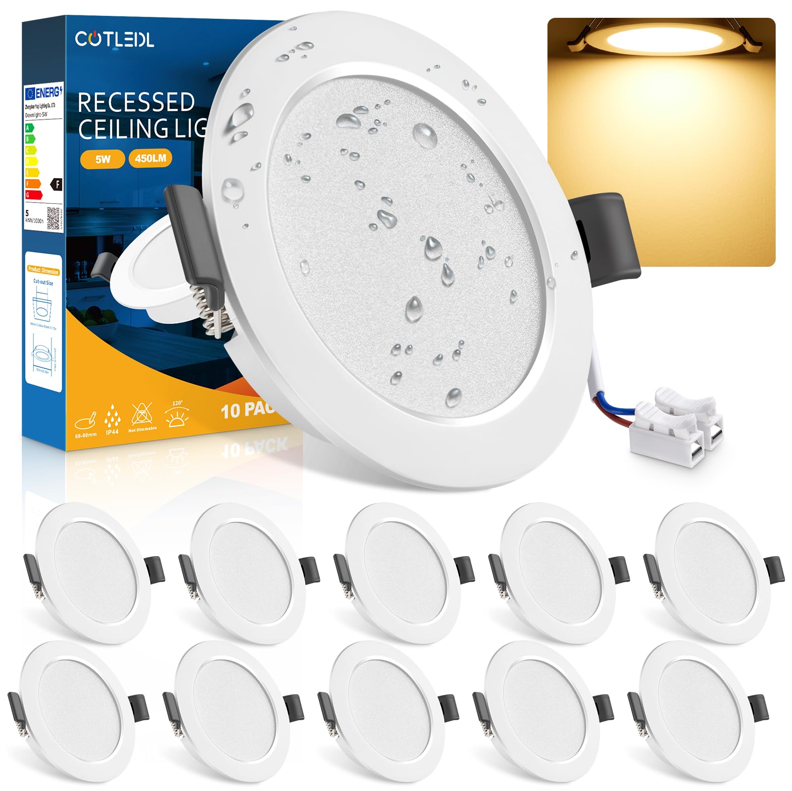 COTLEDL 10er LED Einbaustrahler 230V, 68-80mm Lochmaß, 3000K Warmweiß | LED Spots 230V, 25mm flach, 5W 450lm Deckenspots IP44 Einbauleuchten für Badezimmer Wohnzimmer Küche