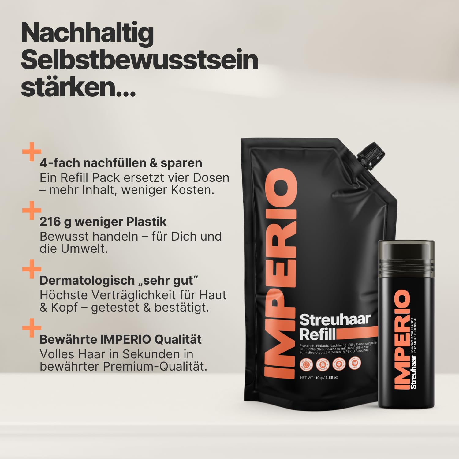 IMPERIO Streuhaar Refill Pack - 110g Nachfüllbeutel mit Premium Schütthaar - Nachhaltiger Nachfüllpack mit praktischem Verschluss - Einfaches Auffüllen der Hair Fibers Dose (Dunkelbraun, 110g)