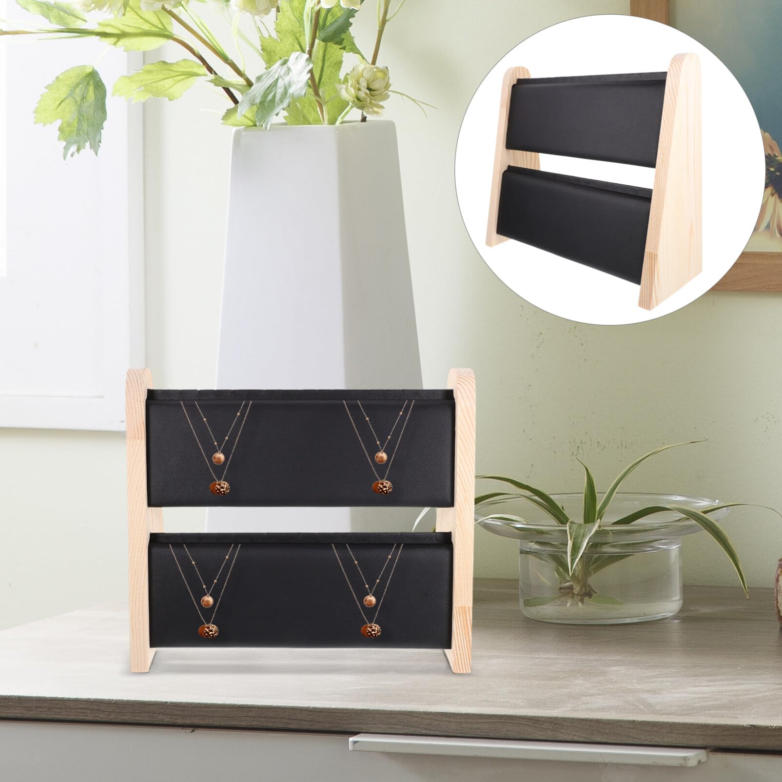 Luxshiny Espositore per Collane in Legno da Tavolo a Doppio Livello Nero | Base in Spugna e Cuoio, Superficie Liscia e Lucidata, per Fiere e Attività Commerciali