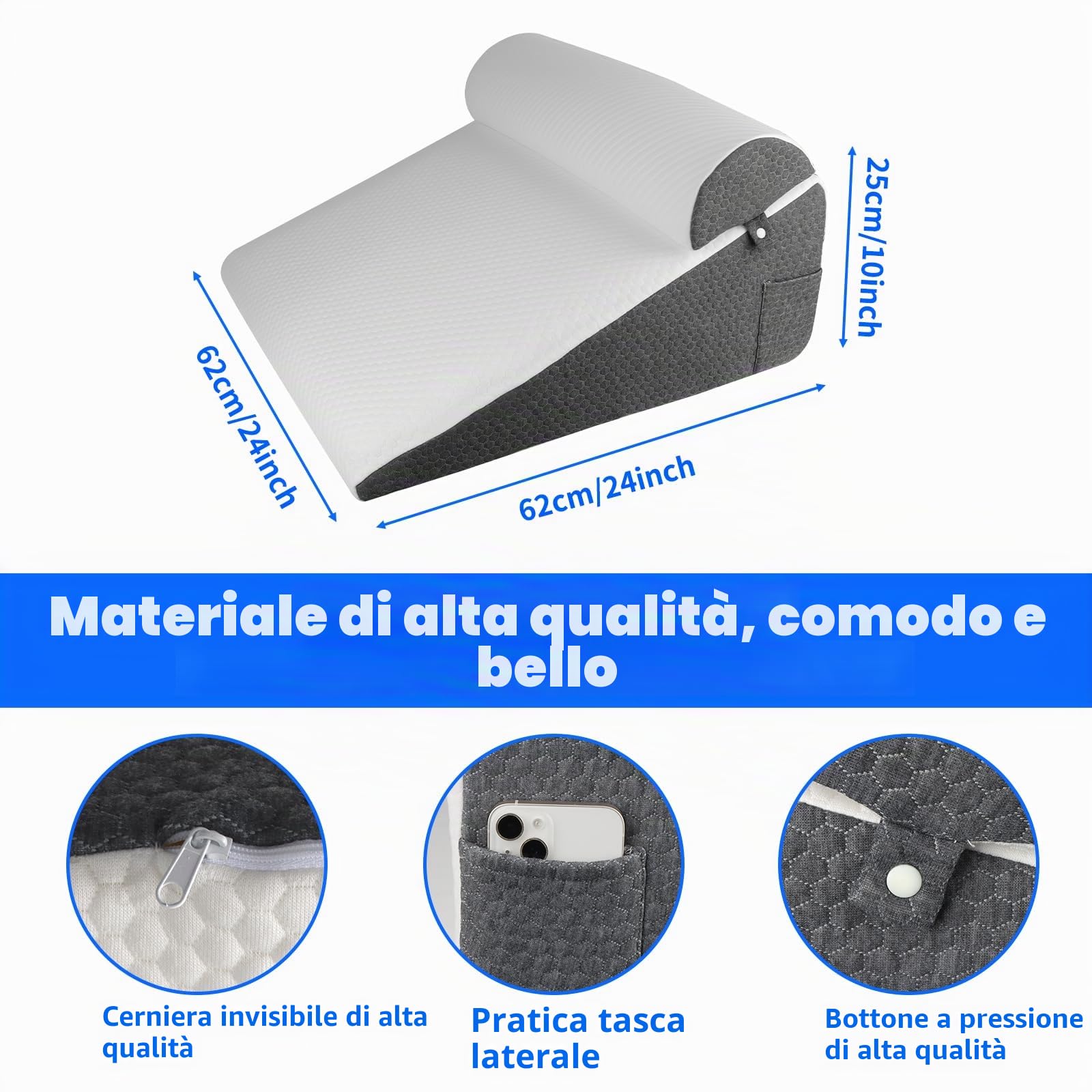 Cuscino a cuneo, 3 strati con cuscino morbido, cuscino da lettura per letto e divano, cuscino in schiuma reflusso, schienale per apnea del sonno, lettura, sollevamento del sonno, cuscino per gambe