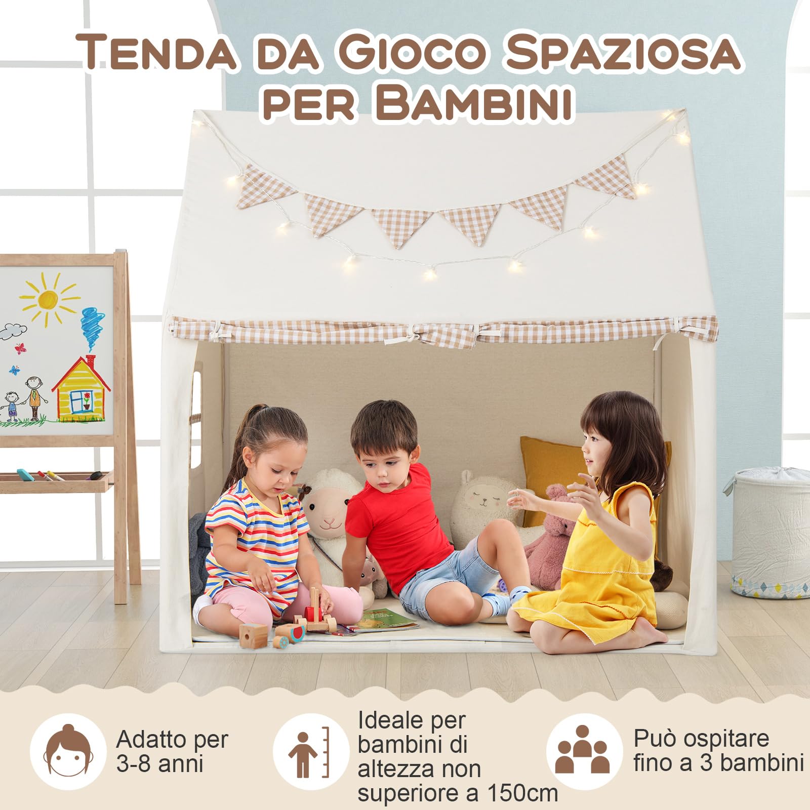 COSTWAY Tenda da Gioco per Bambini, Casetta Tenda da Gioco con Tappetino Imbottito, 2 Finestre Traspiranti e 2 Tasche, Luci a Stella e Bandierine Incluse, Tenda per Bambini 3-8 Anni (Beige)