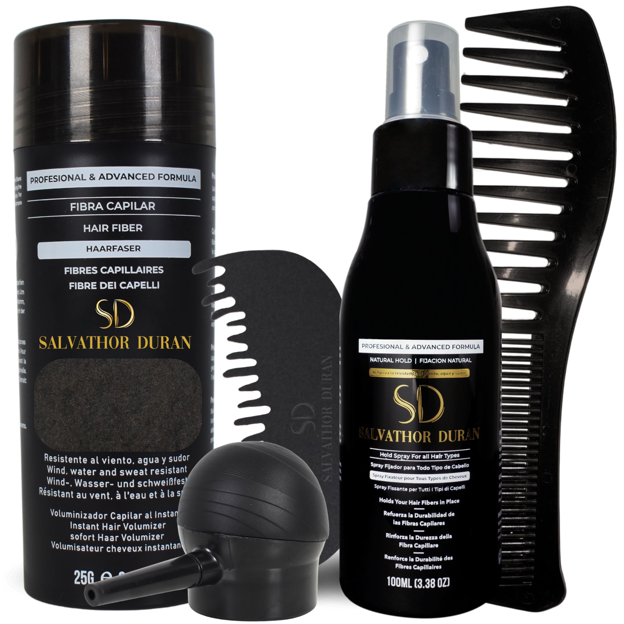 Salvathor Duran Fibre Capillari 25 g - Fibre Capelli Uomo - Fibre Cheratina per Capelli - Kit Premium con Applicatore, Pettine Contorno, Pettine Volume e Fissatore