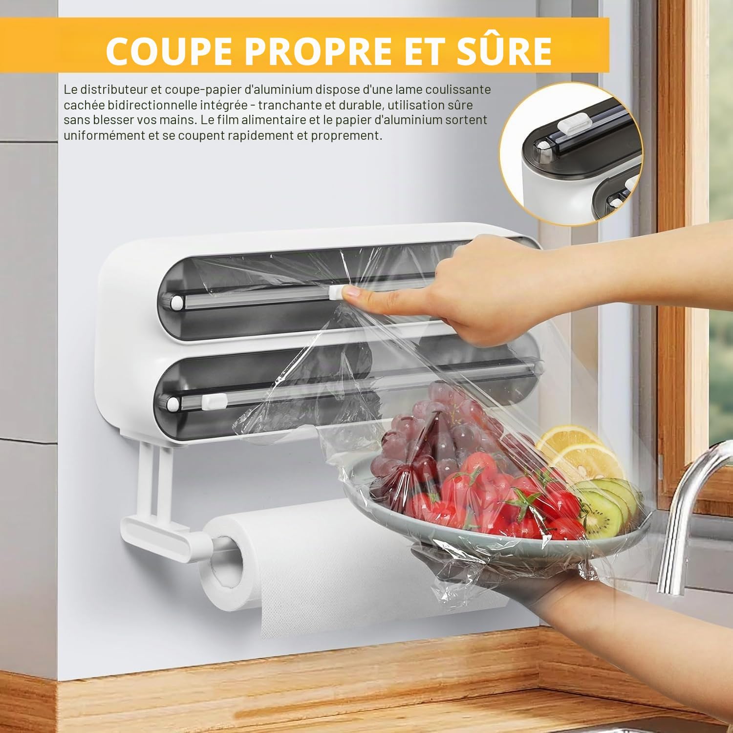 Derouleur Film Alimentaire Magnétique avec Port Essuie Tout - Support Sopalin Mural pour 3 Rouleaux - Coupeur pour Cuisine, Distributeur Papier Aluminium et Film avec Porte Sopalin, Noir