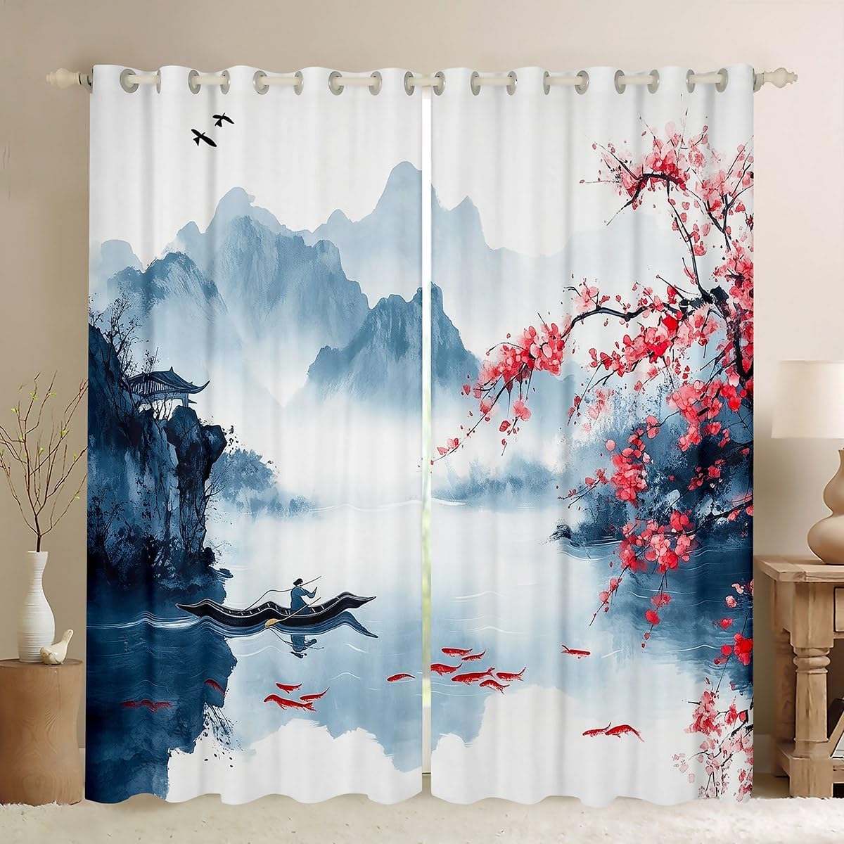 Japanese Style Window Curtains Red Cherry Blossom Koi Mountain Print Window Drapes, Retro Fashion Ink Art Window Treatments, Kids Boy Girls Room Decor, Grommet Top 2 Panel Set Curtains, 38Wx45L inch