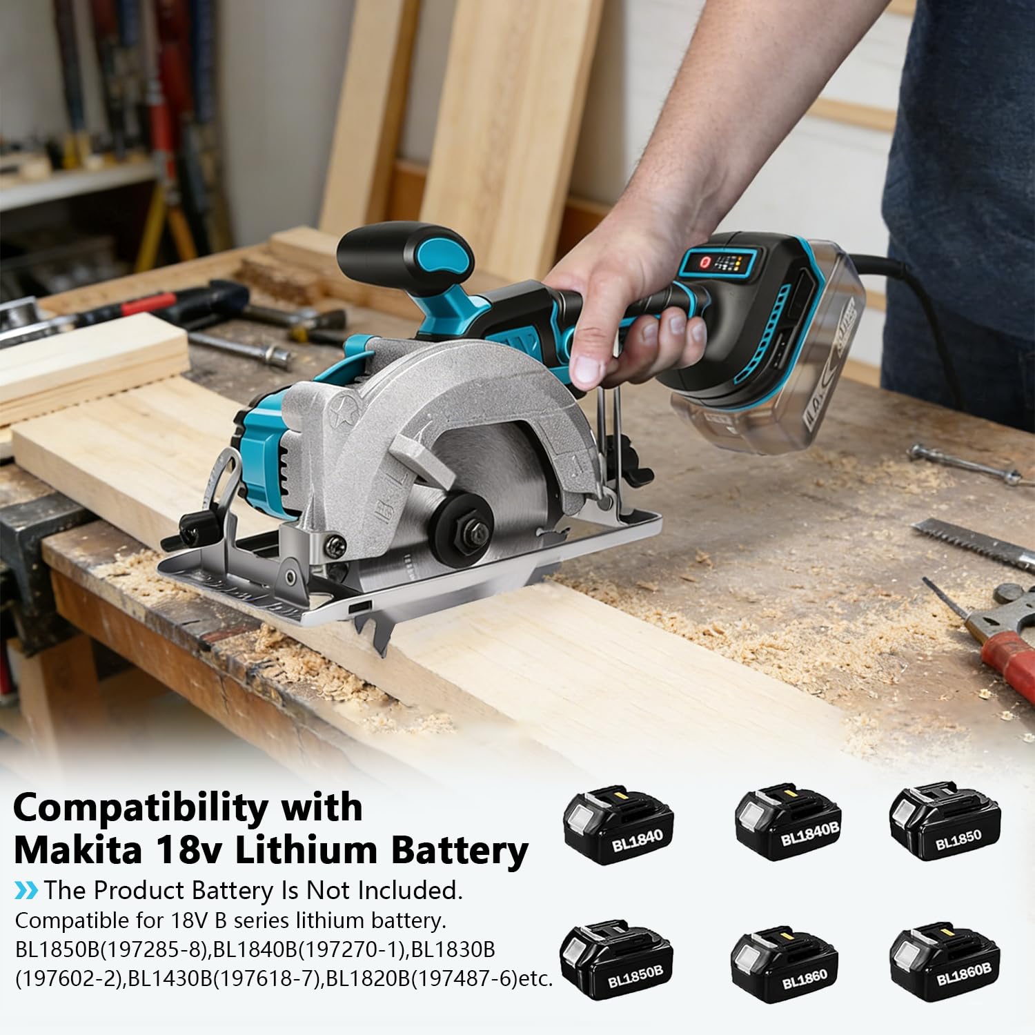 Mini Sierra Circular para Makita de 18V, Sierra Circular de Mano Sin Escobillas con 3 Hojas de Sierra,Gafas,Guantes y 2 llaves,Corte de Inglete de 0 a 45° para Azulejos,Madera,Plástico (Sin Batería)