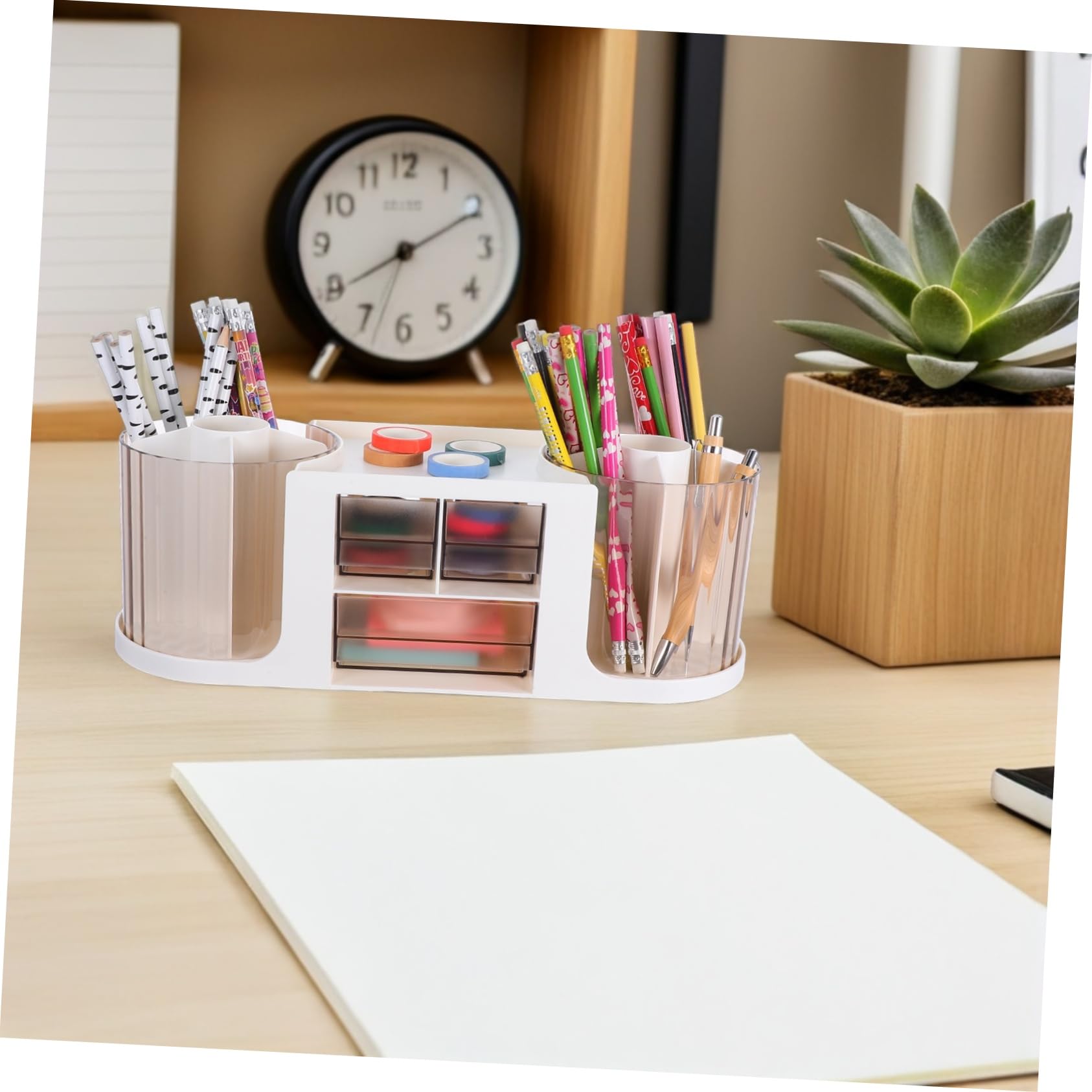 Uonlytech Organizador de Escritorio Giratorio Doble Portalápices Transparente con Organizador Multifuncional para Papelería Oficina y Escuela