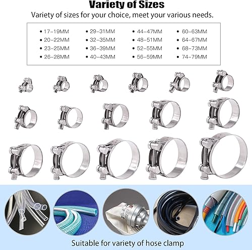 Miniatura 6 de Glarks 4 abrazaderas de manguera con perno en T de 1.890-2.008 in, acero inoxidable 304, abrazaderas de tubo ajustables para manguera de rango de