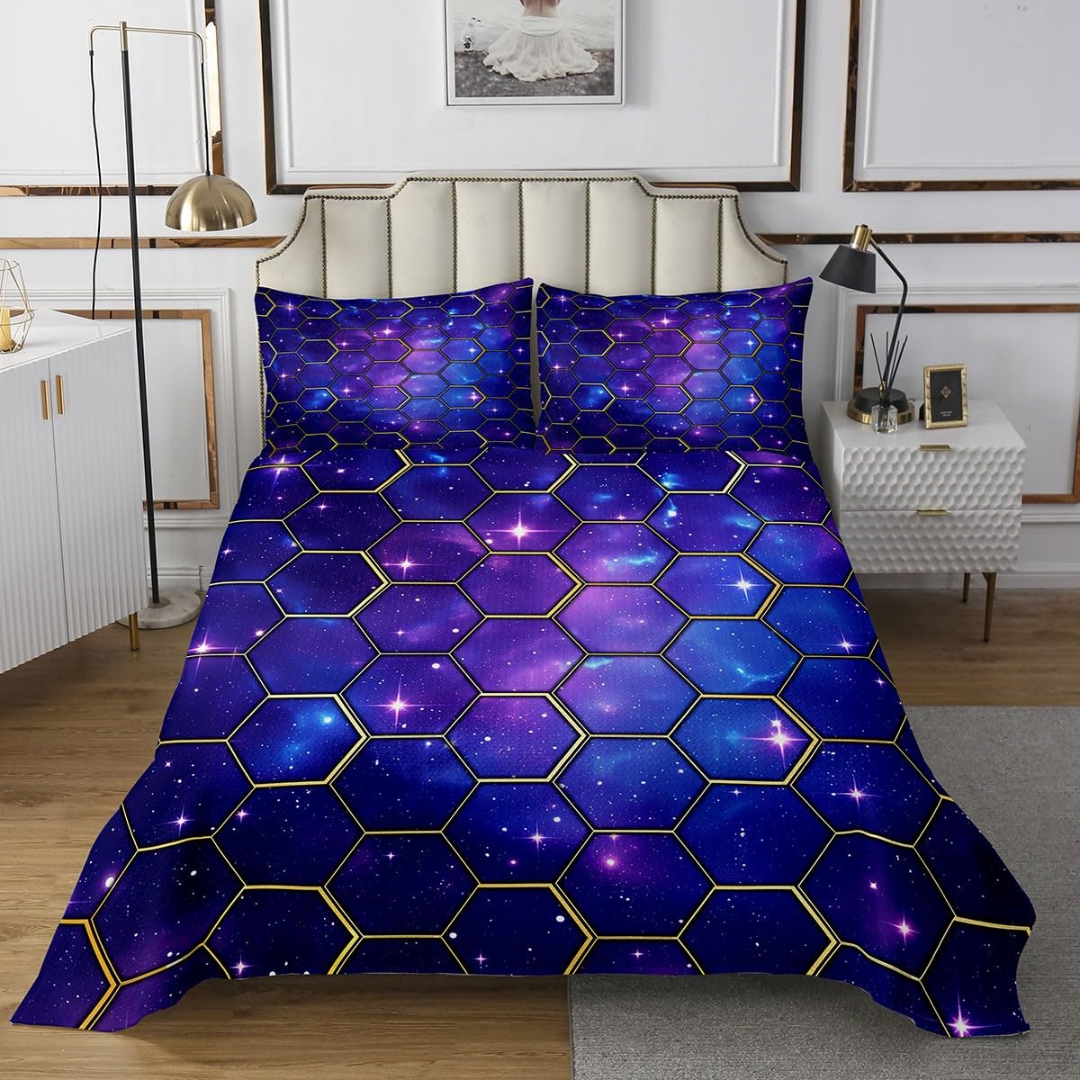 Manfei Yellow Honeycomb Bedspread Twin Size, Blue Galaxy Coverlet Set 2pcs, Geometric Hexagon Print on Starry Sky Quilted Coverlet with 1 Pillowcase, Kids Boy Girl Room Decor