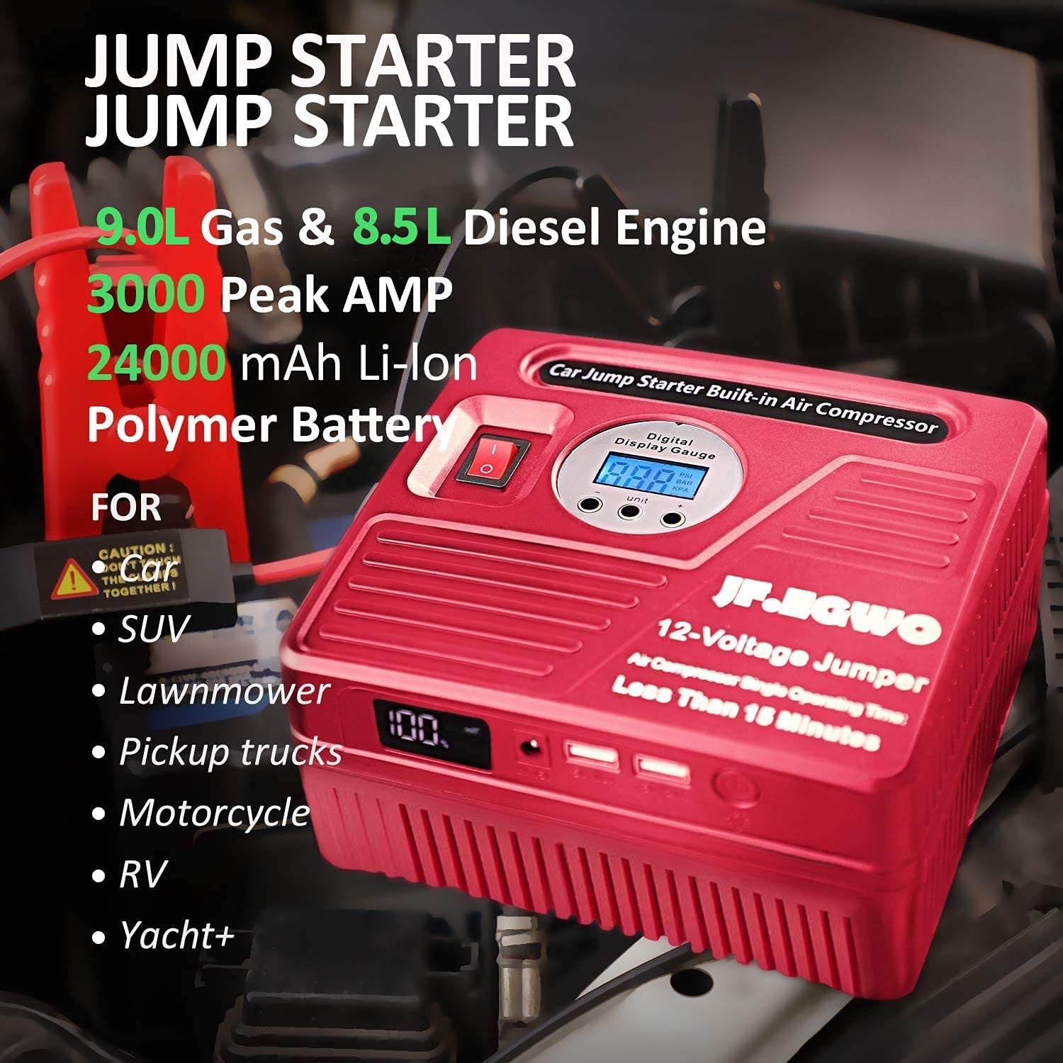 3000Amp Car Jump Starter with Air Compressor, 150PSI Tire Inflator with