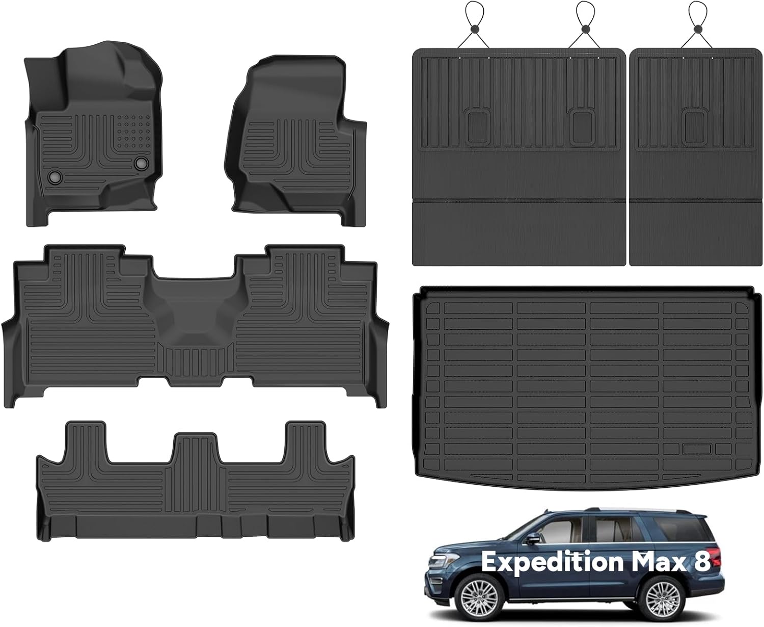 Wayhigh-All Weather Floor Mats and Cargo Mat Set Fit for Expedition Max 8 Seats 2021-2025 TPE Car Mats with Backrest Mat Waterproof Heavy Duty Rubber Floor Liners for Expedition Max Accessories