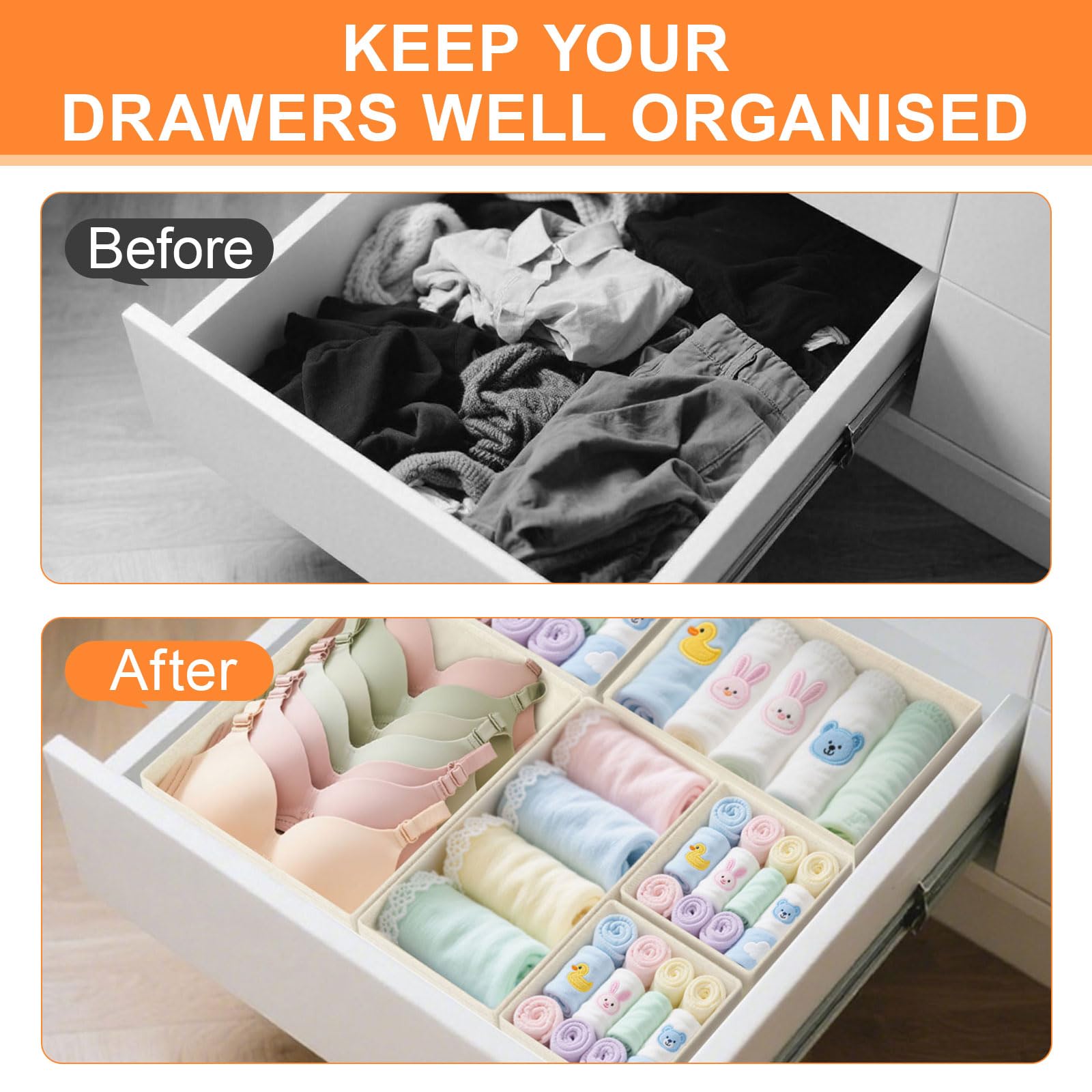 Organizer per cassetti e vestiti, confezione da 12, organizer per armadio e vestiti per bambini, biancheria intima, calzini, beige