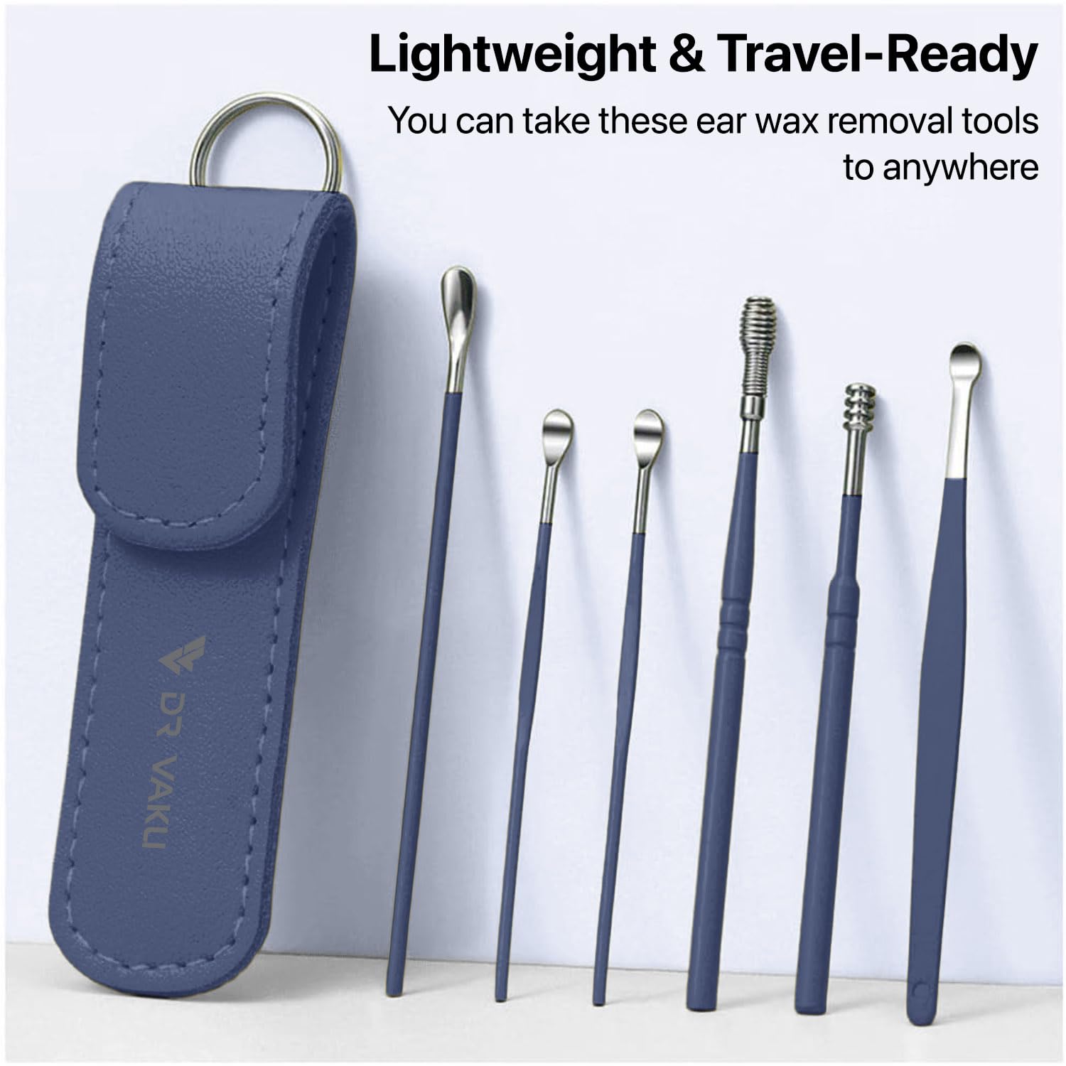 Dr Vaku® Reusable EarWax Removal Cleaning Tool Kit (Set of 7) Stainless Steel With Storage Case Ear Pick Scoop Curette Cleaner And Spring Buds Safe Easy & Hygienic- Blue 1
