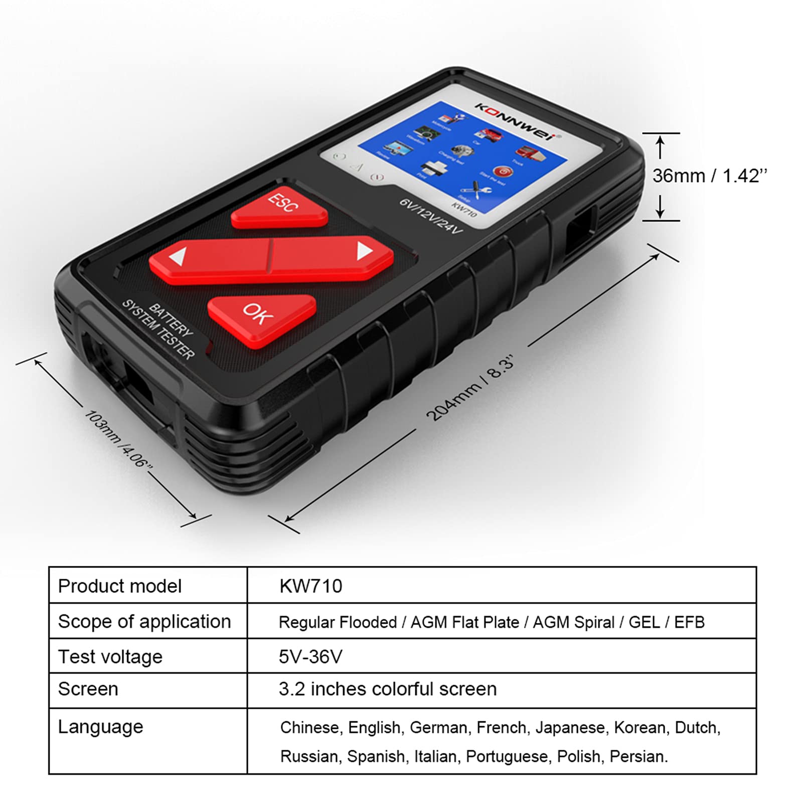 Testeur de batterie de voiture KW710 100-2000CCA Testeur d'alternateur automobile Analyseur de batterie automatique numérique Testeur de système de démarrage de charge pour