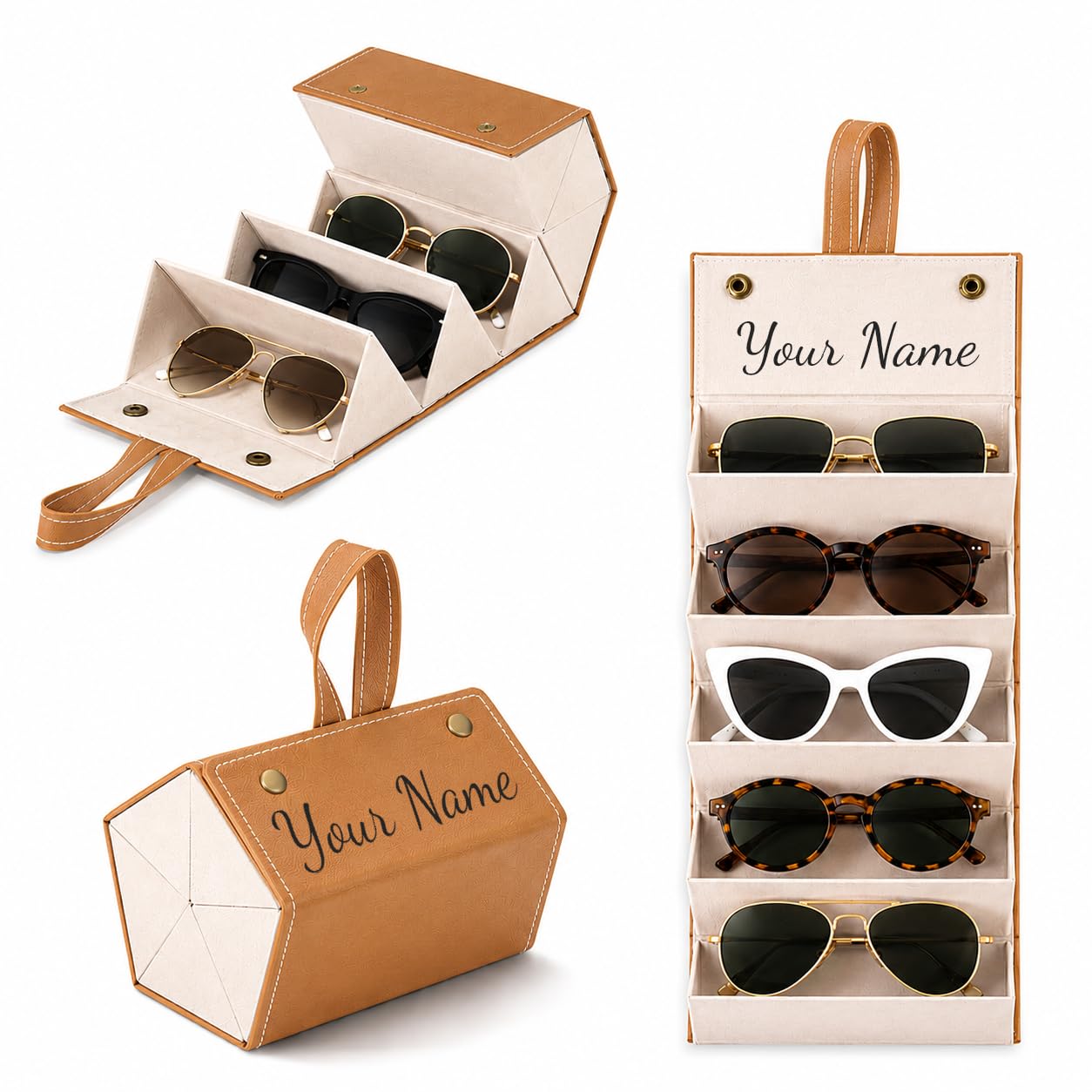 Personalized Foldable Eyeglasses Organizer Case for 5 Glasses | Custom Name Printed Travel Sunglasses Storage Holder with Hanging Strap | Portable Leatherette Eyewear Display Case-image-11