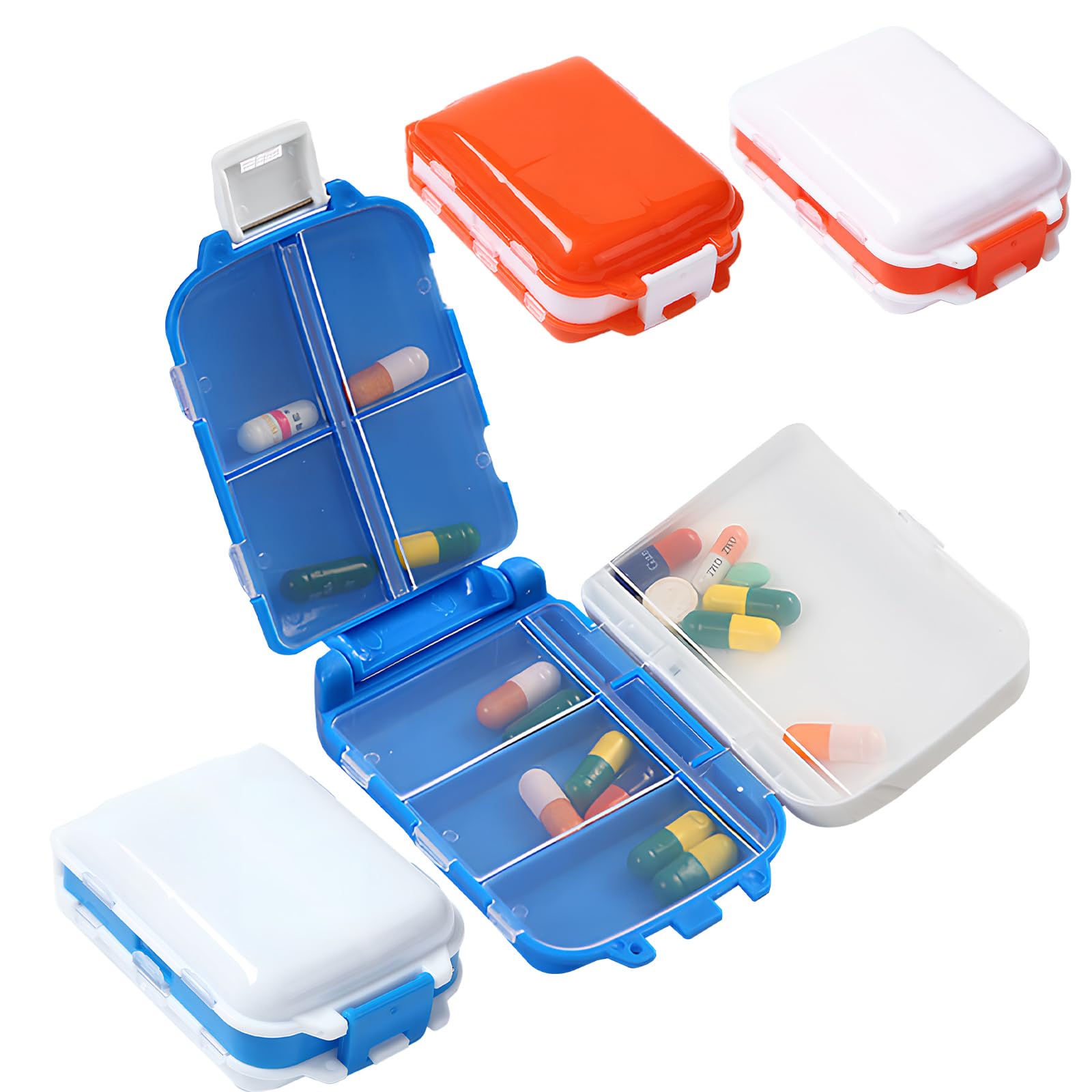 LELE LIFE 4Pcs Folding Travel Pill Organizer, 8 Compartments Portable Pill Case, Daily Weekly Pill Box to Hold Vitamin, Small Pill Container for Purse Pocket Medicine Organizer