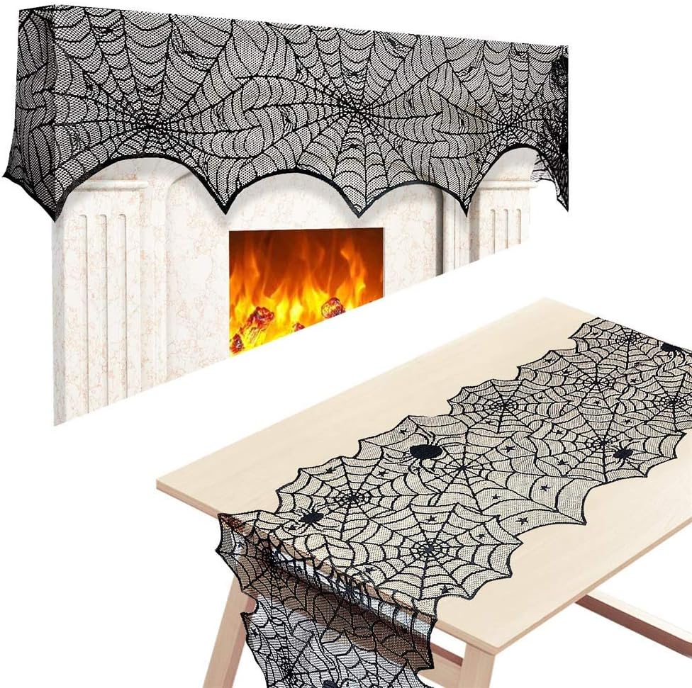 Halloween Decorations Sets Black Lace Spiderweb Tablecloth Curtain Table Runner Fireplace Scarf Party Decor