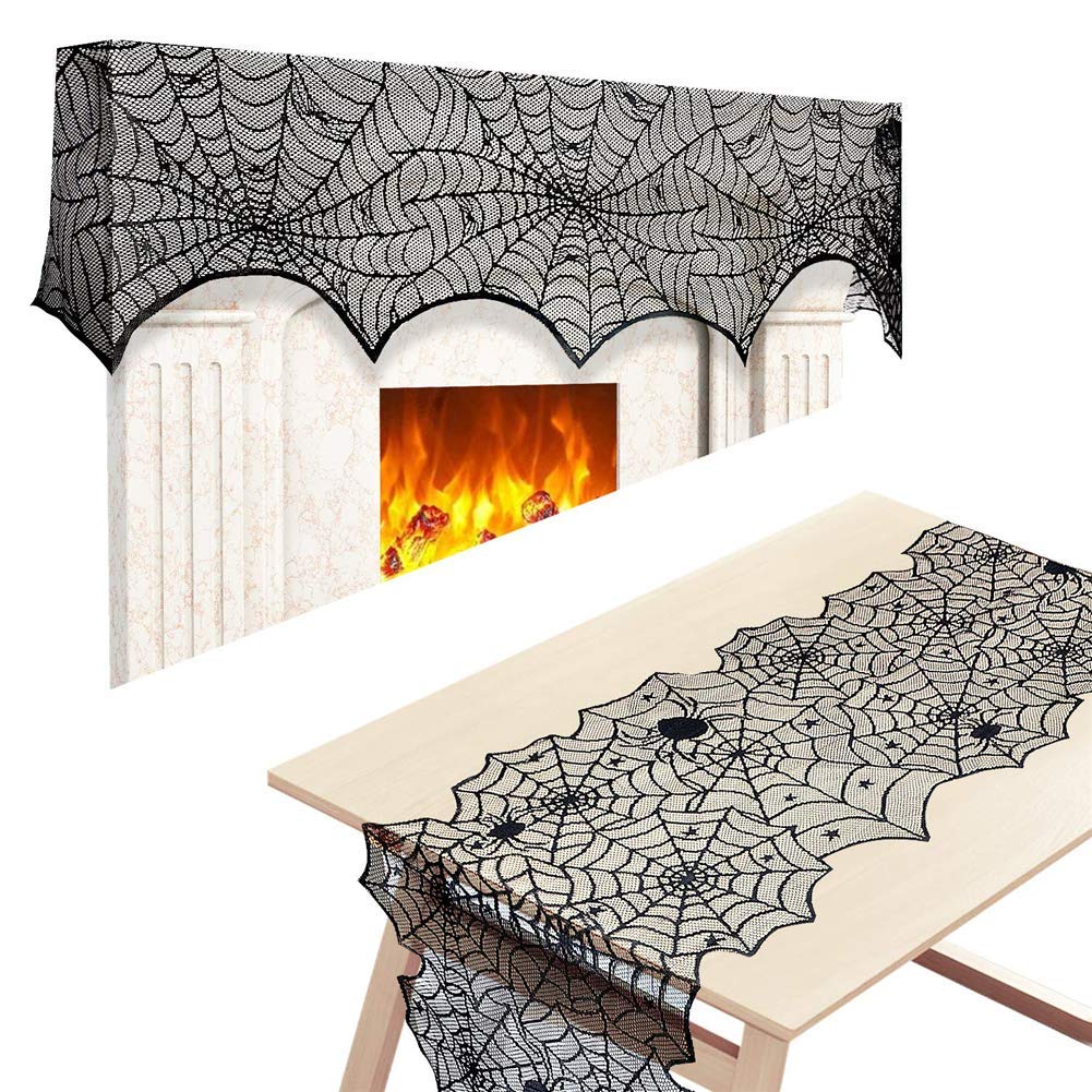 Halloween Decorations Sets Black Lace Spiderweb Tablecloth Curtain Table Runner Fireplace Scarf Party Decor