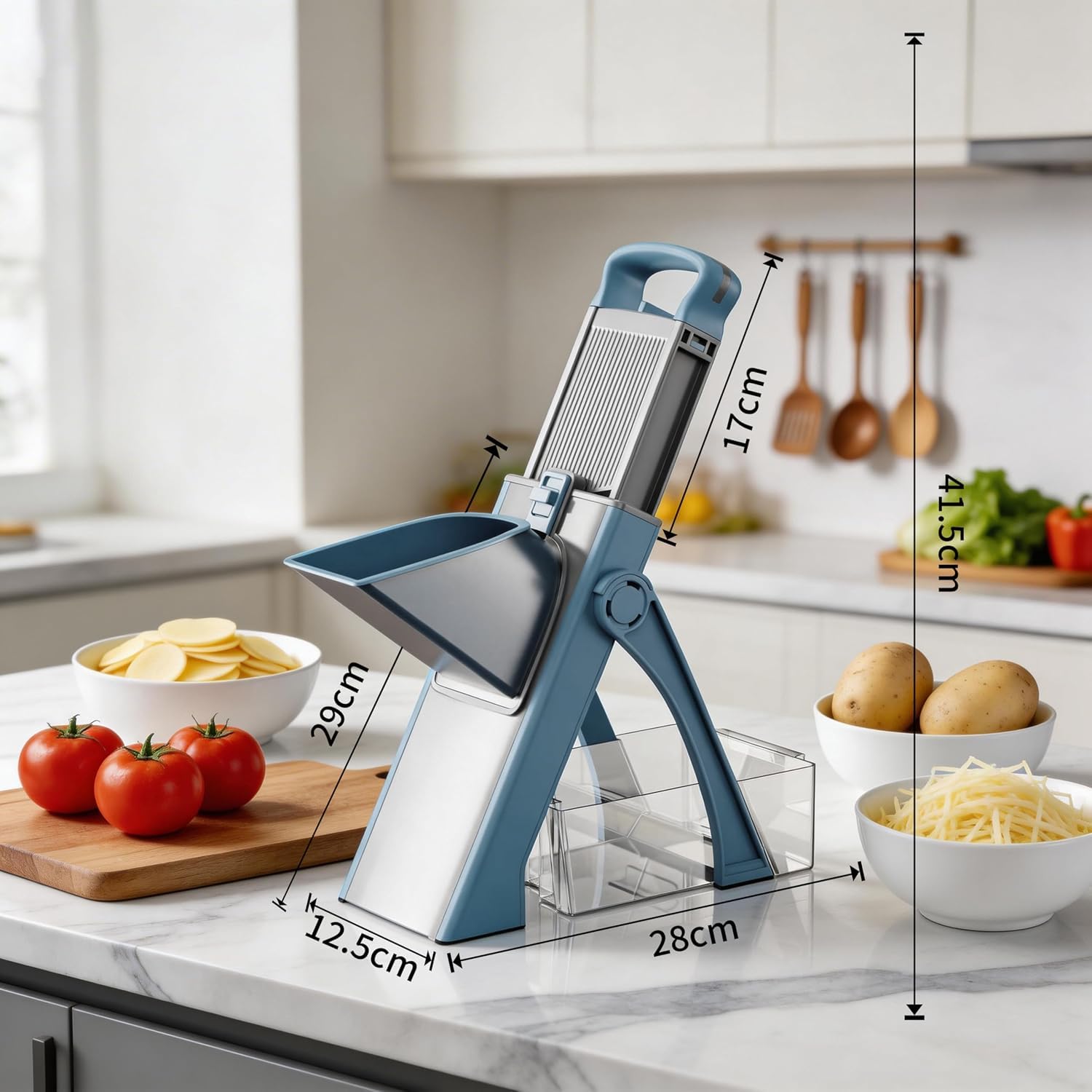 Affettatrice Professionale Mandolina di Verdure, Affettatrice Manuale Verticale con Lame in Acciaio Inox, Spessore Regolabile per Patate Cipolle, Tritaverdure Multifunzionale per Cucina (Blu)