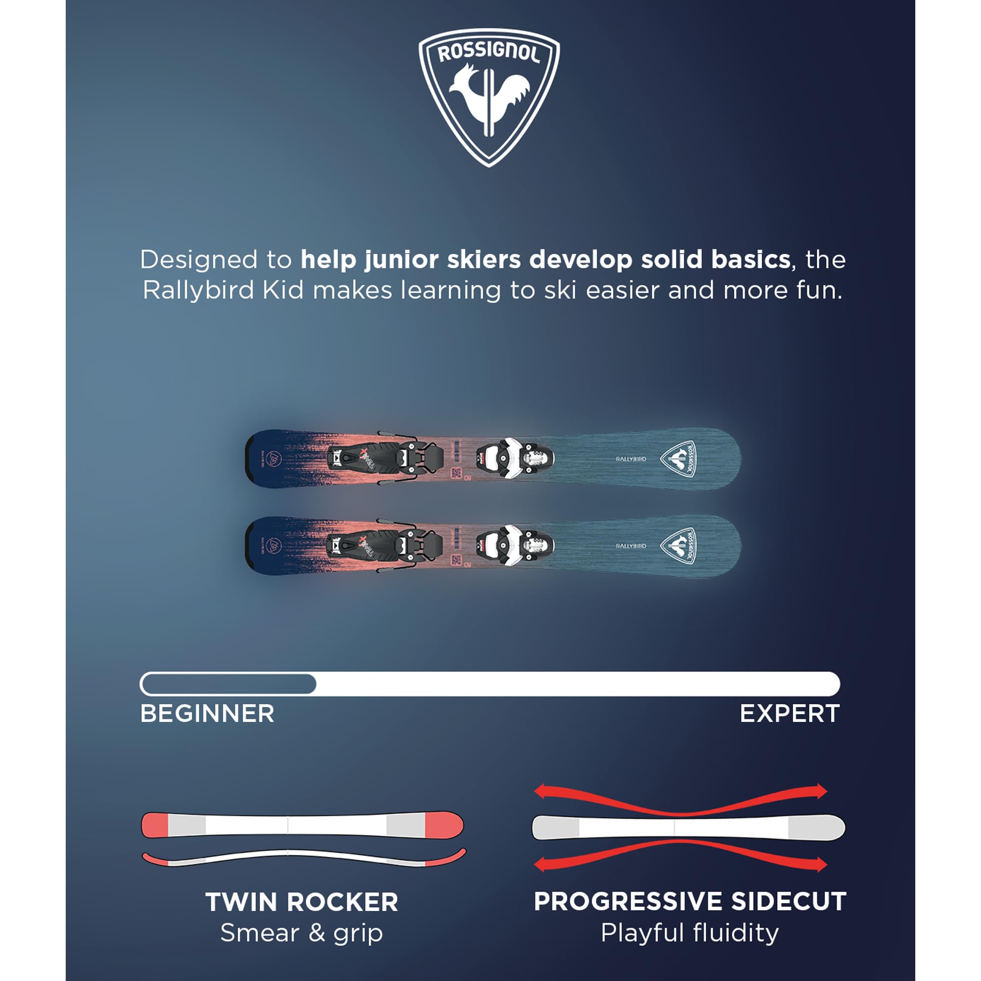 Rossignol Rallybird Kid Team 4 - Esquíes de descenso para niños con fijaciones