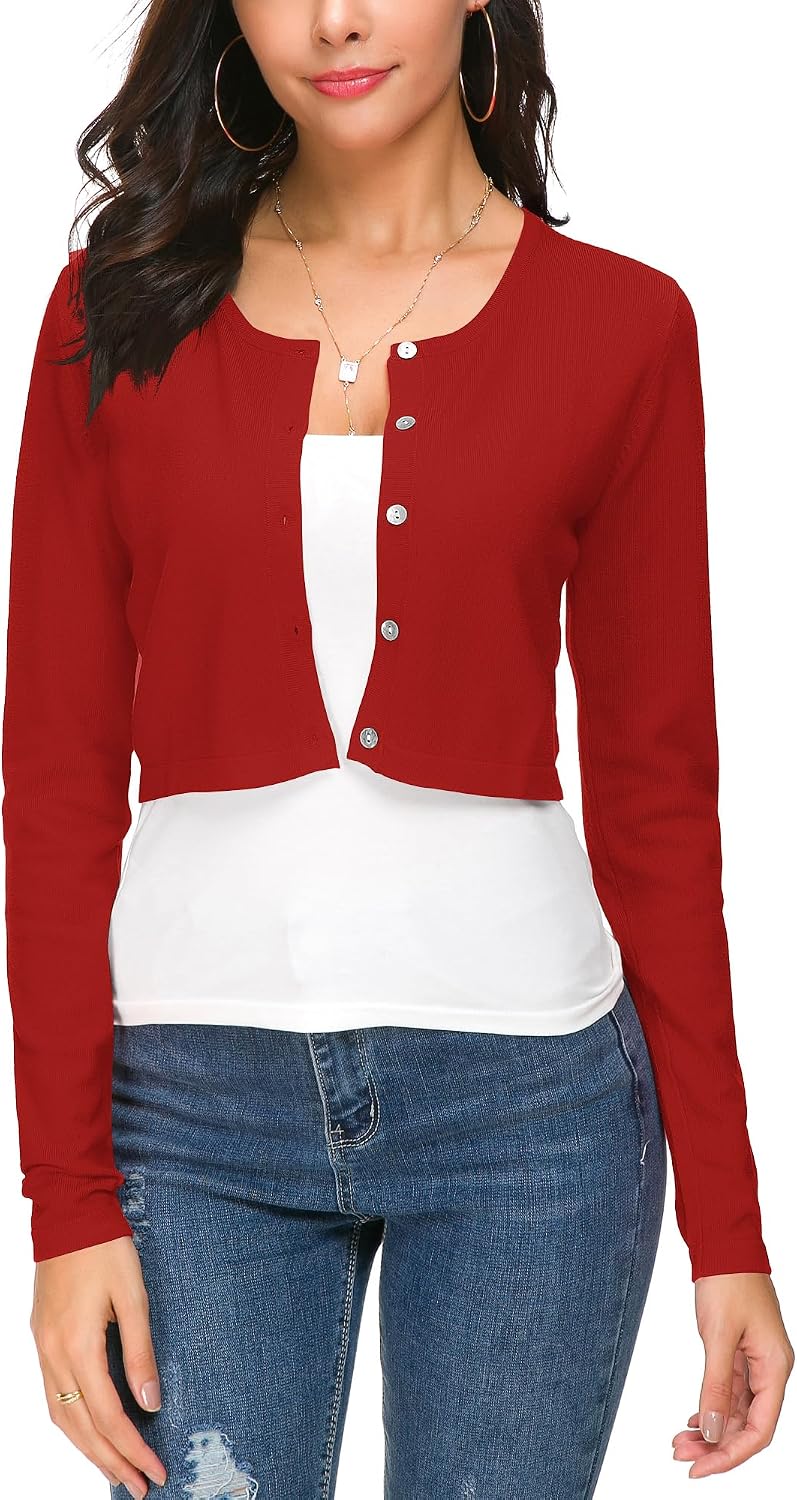 EXCHIC Women's Cropped Knit Cardigan Long Sleeve Button Down Shrug