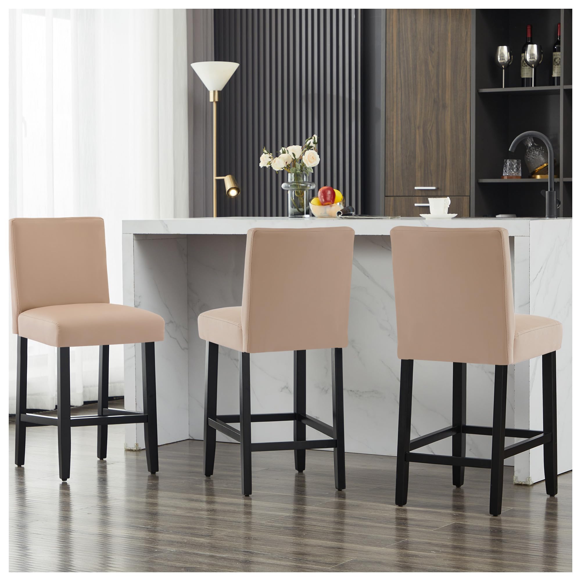 26'' Faux Leather Bar Stools Set of 3, Modern Upholstered Bar Chairs with Back, Soild Wood Legs Barstools for Kitchen Island, Light Brown