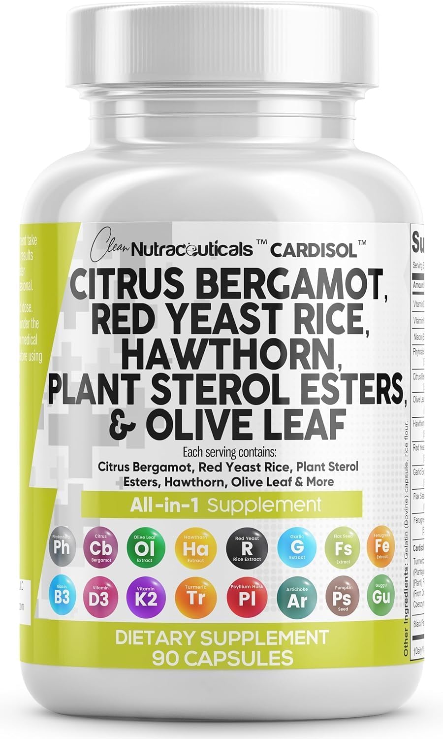 Clean Nutraceuticals Citrus Bergamot Red Yeast Rice Capsules with Plant Sterols - with Hawthorn Extract Olive Leaf Niacin Vitamin K3 D3 COQ10 Guggul & More