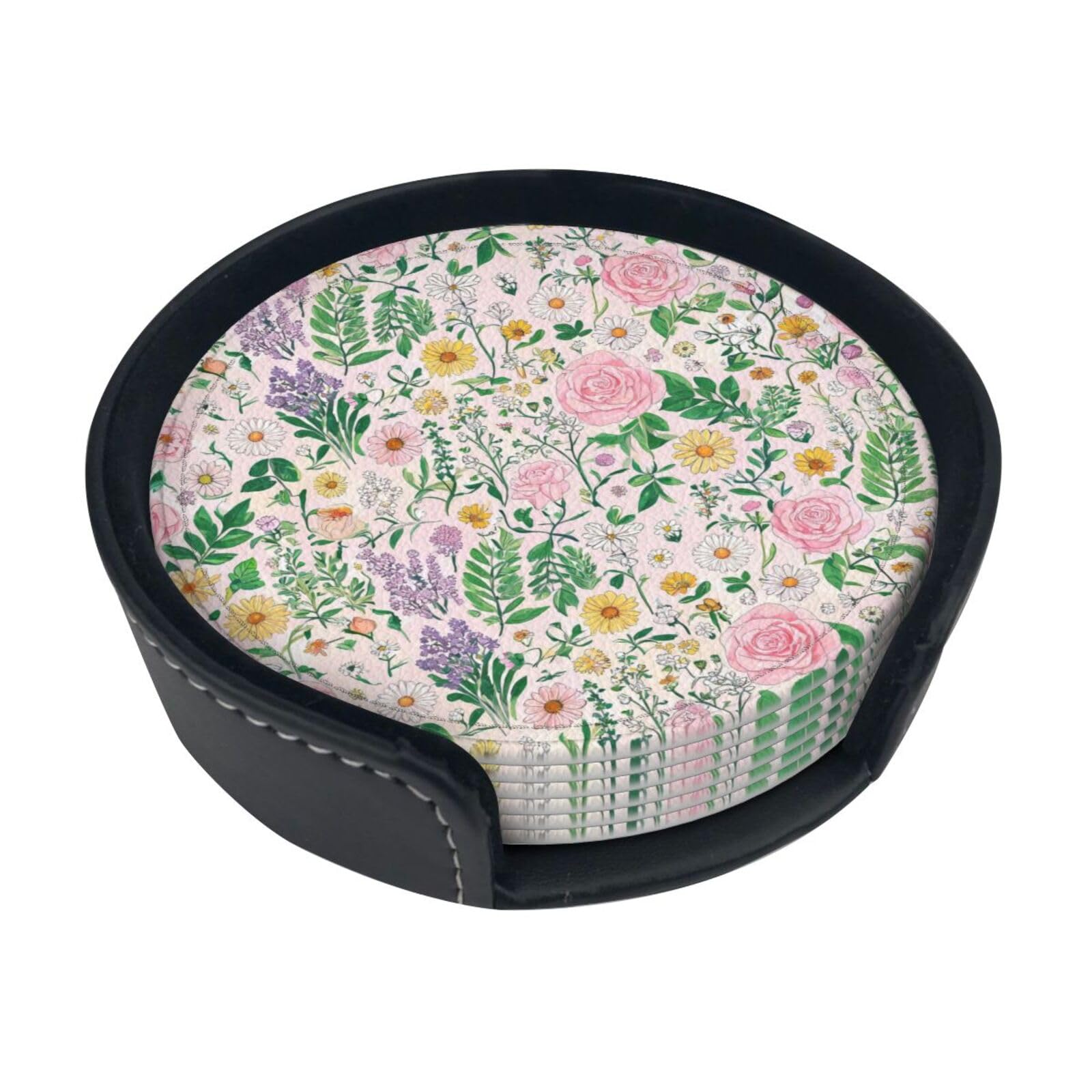 Garden Party Leather Coasters-Set of 6 with Storage Holder