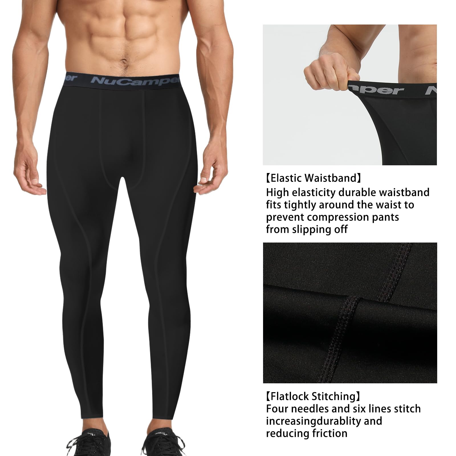 NuCamper Spodnie Kompresyjne Męskie Legginsy, Oddychające Kompresyjne, Szybkoschnące Fitness, Dopasowane w Pasie, Rozciągającego Baselayer Legginsy Spodnie Dla Fitness Jogging Koszykówka