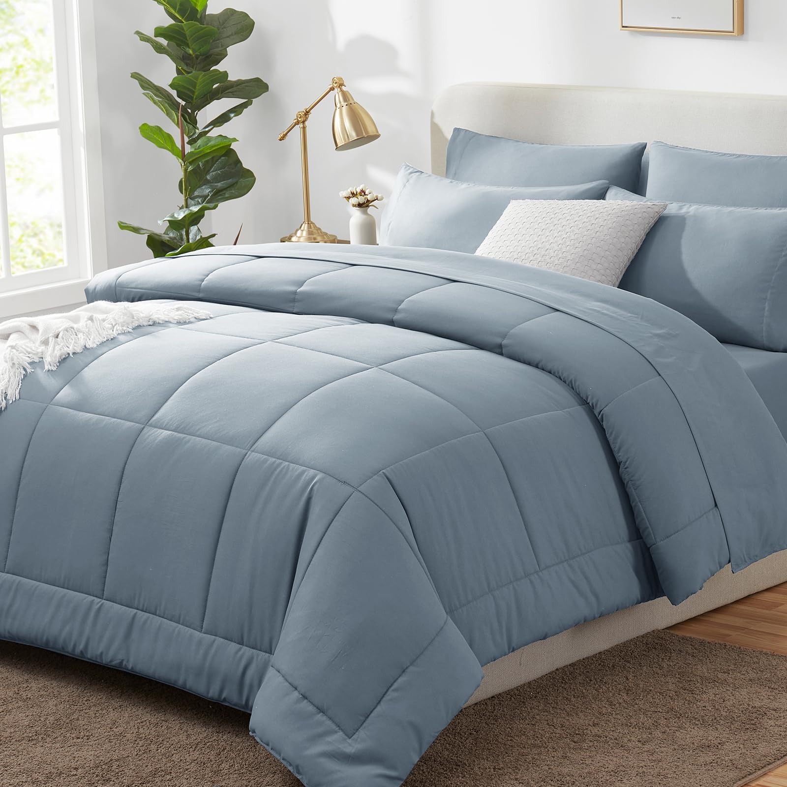 CozyLux Twin Comforter Set with Sheets Grayish Blue, 5 Pieces Bed in a Bag, Twin Bed Set for Girls and Boys, All Season Bedding Set with Stitch Quilted Comforter, Flat Sheet, Fitted Sheet, Pillowcases