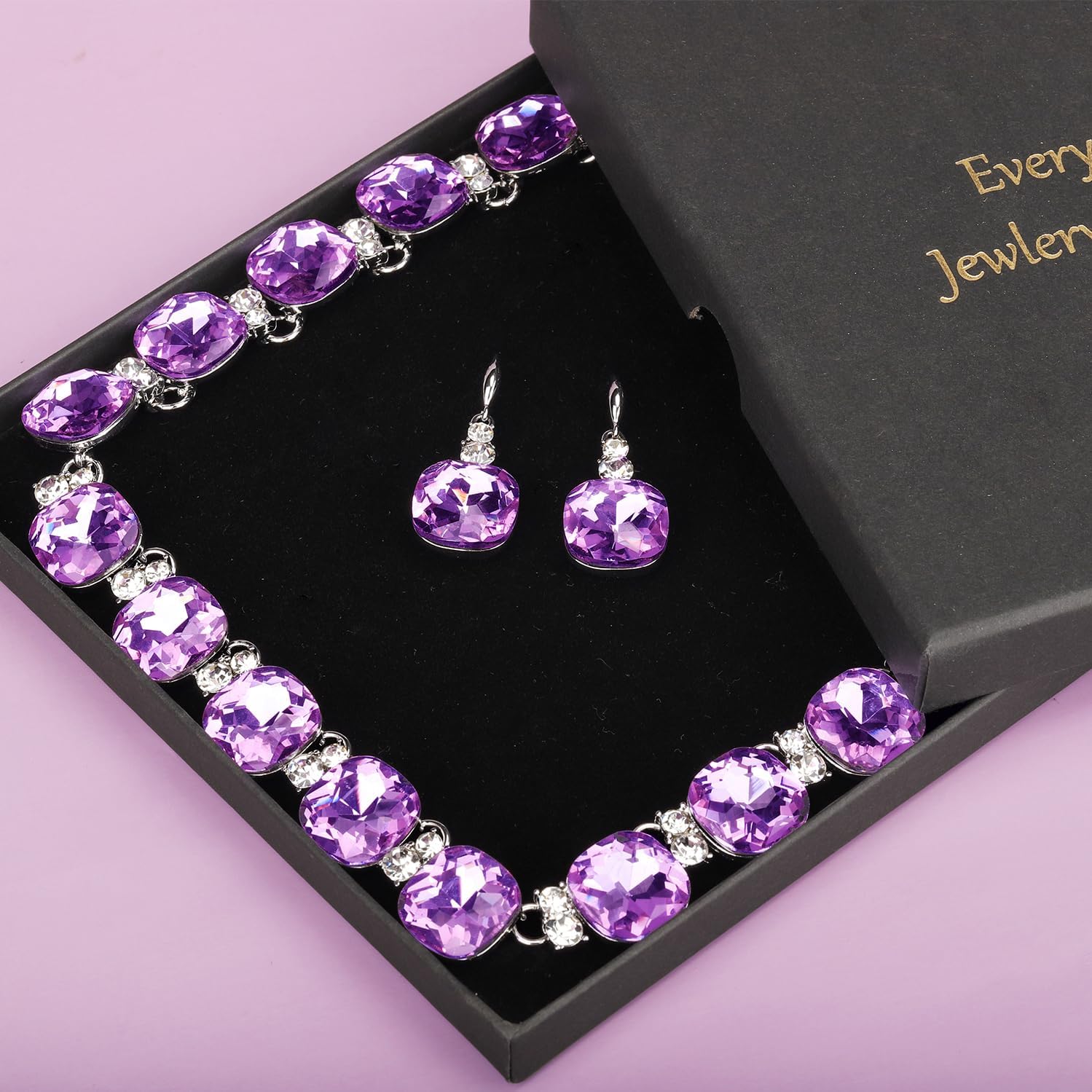 Clear Purple Austrian Crystal Wedding Bridal Jewelry Set for Brides Bridesmaid, Gemstone Statement Necklace and Earring Set Formal Prom Jewelry Set for Silver-Tone Fit With Wedding Evening Dress - Image 8