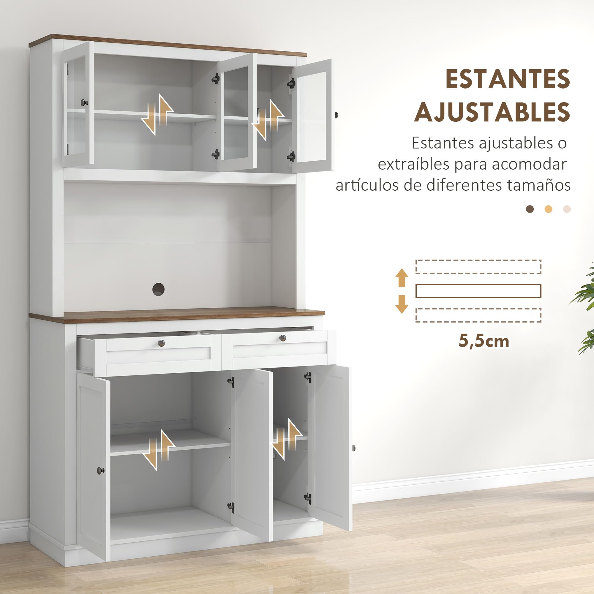 HOMCOM Alacena de Cocina, Mueble Auxiliar de Cocina, con 3 Puertas de Vidrio, Encimera Abierta para Microondas, 2 Cajones y Estantes Ajustables, 100x40x180 cm, Blanco