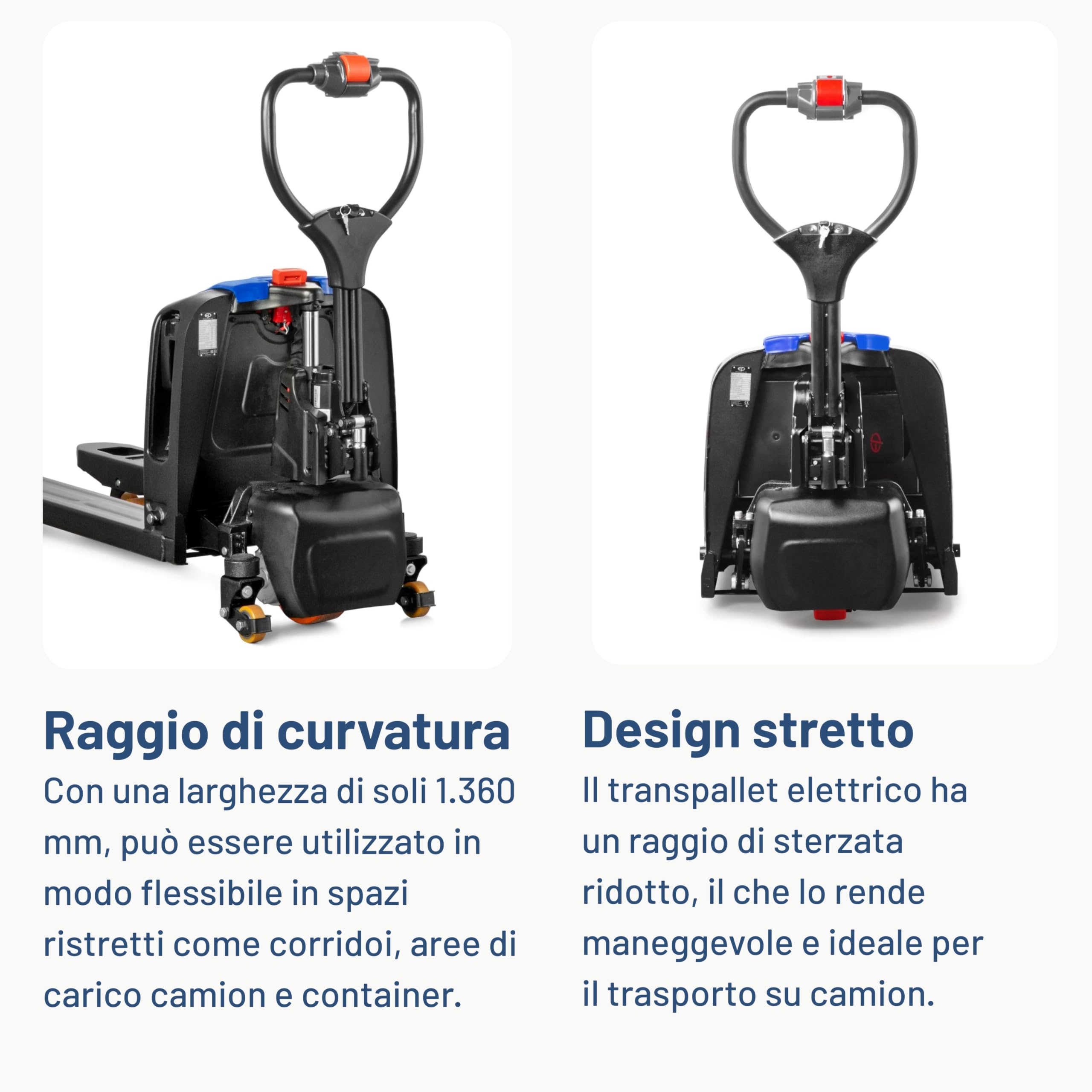 Pallit Transpallet Elettrico 1500 kg ONE-F4 con Batteria Litio 20 Ah, Carrello Elevatore Compatto per Spazi Stretti, Muletto Elettrico Sicuro con Rulli di Supporto