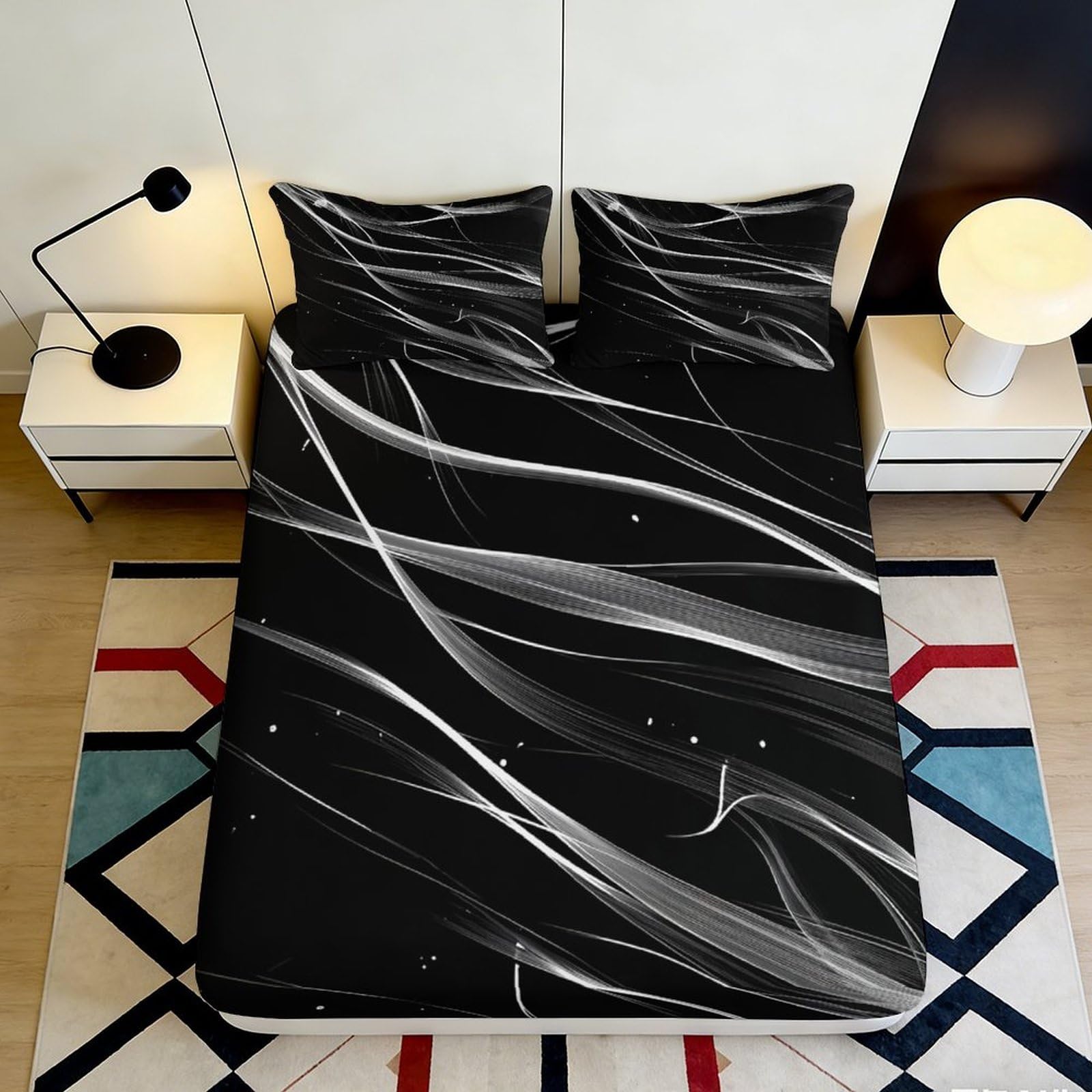 3D Printed Black Marble Fitted Sheet Microfiber Soft Modern Abstract Wave Bed Cover for Bedroom Guest Room Mattress Protection 90x200x25cm
