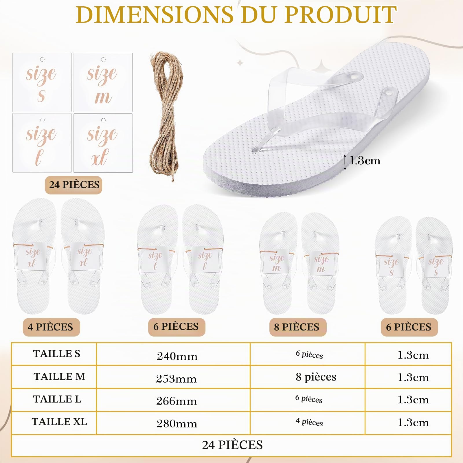Hestya 24 Paires Tongs Blanches pour Invités de Mariage Pantoufles de Plage pour Homme Femme Enfant Fête Piscine, Taille 4