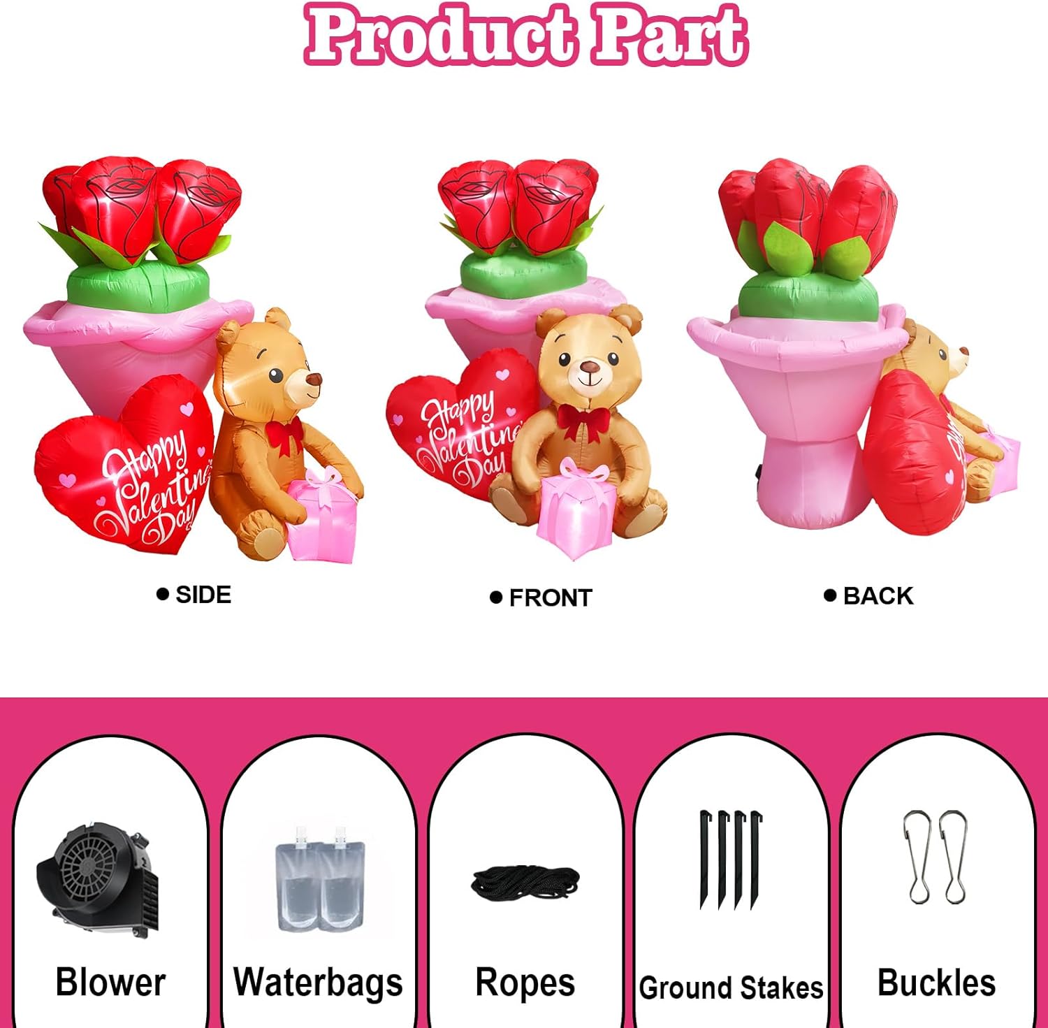 5.1FT Valentines Inflatables Bear Hold Gift with Rose & Red Heart Decoration, Blow up Bear Inflatable Rose Built-in LEDs for Valentine Day Inflatable Outdoor Decoration Anniversary Wedding Yard Decor