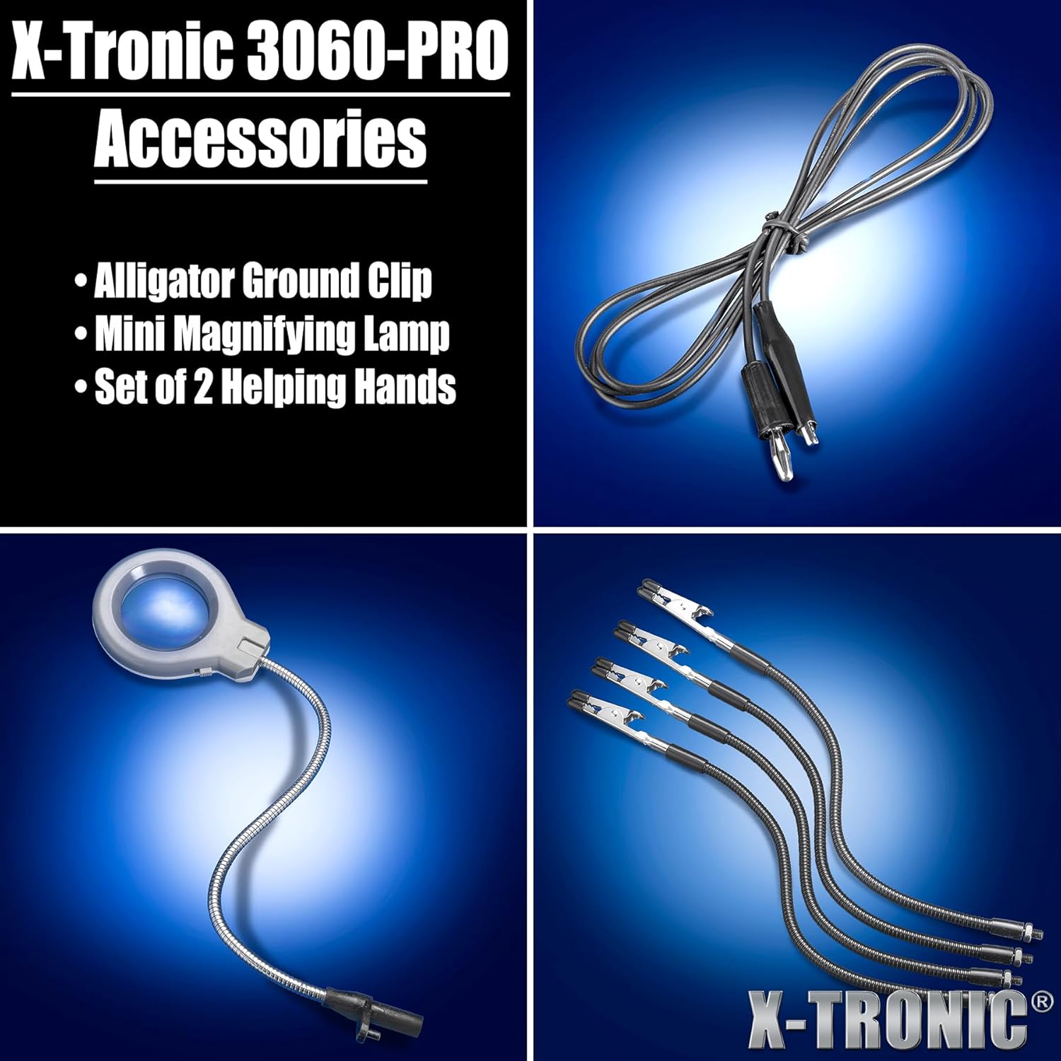 X-Tronic 3060-PRO • 75W Soldering Iron Station Kit • 5 Extra Tips • Mini Mag Lamp • 4 Helping Hands • Solder Sucker • Tweezers • 50g Solder • Brass Sponge w/Flux • Sleep Func, °C/°F, 3 Temp Presets!