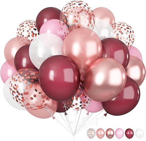 Globos de látex rojo y rosa, paquete de 60 globos de látex de 12 pulgadas, oro rosa, rojo vino, rosa claro, blanco, globos metálicos de confeti de