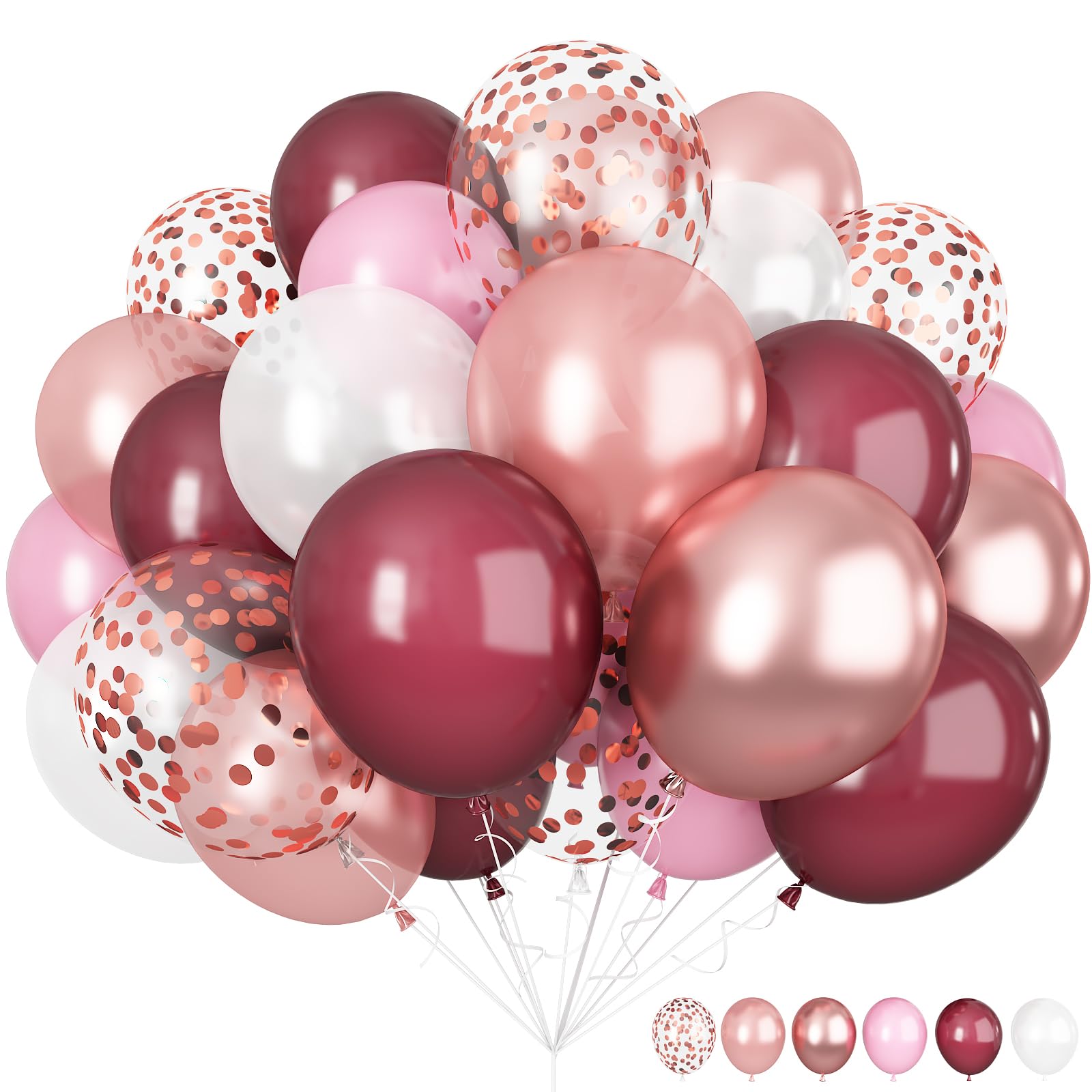 Burgundy Red and Pink Balloons, 60 Pack 12in Rose Gold Wine Red Light Pink White Latex Balloon Metallic Rosegold Confetti Helium Party Balloons for